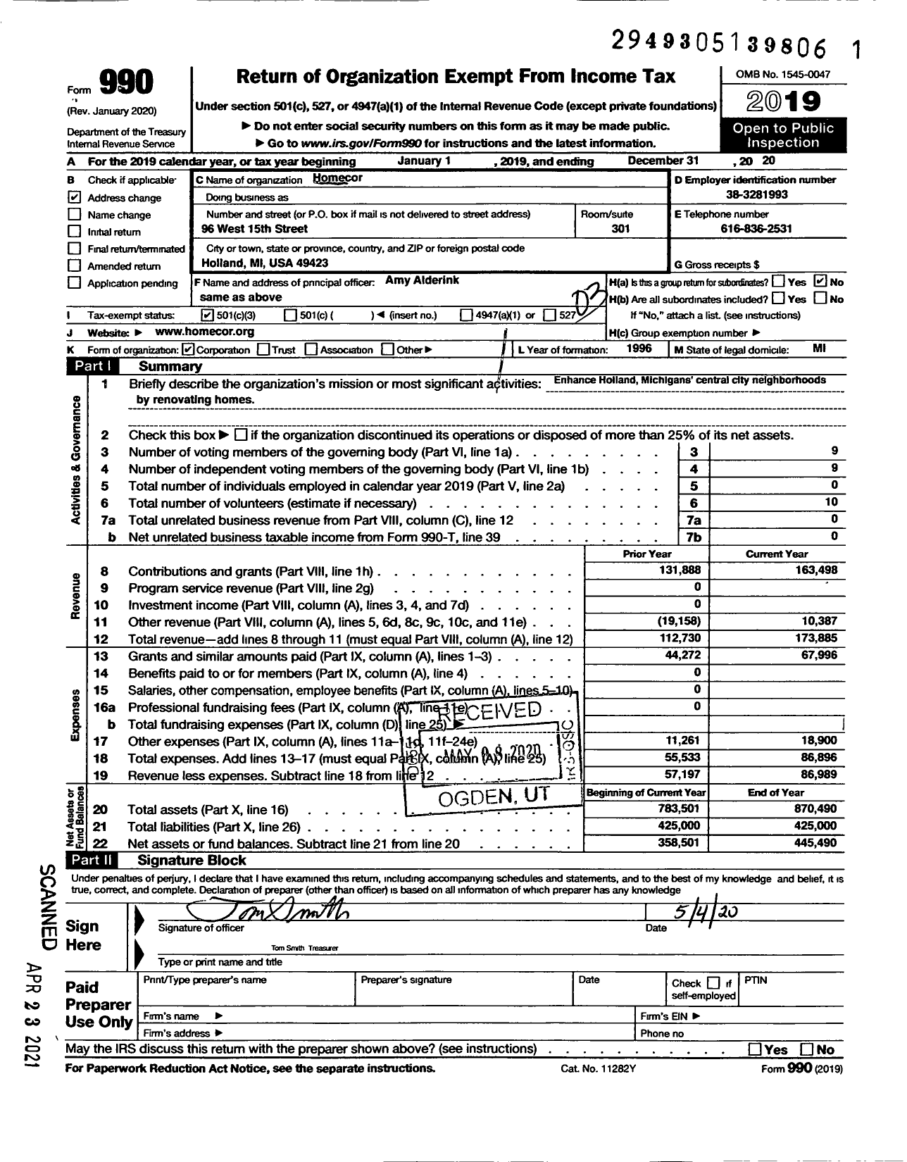 Image of first page of 2019 Form 990 for Homecor