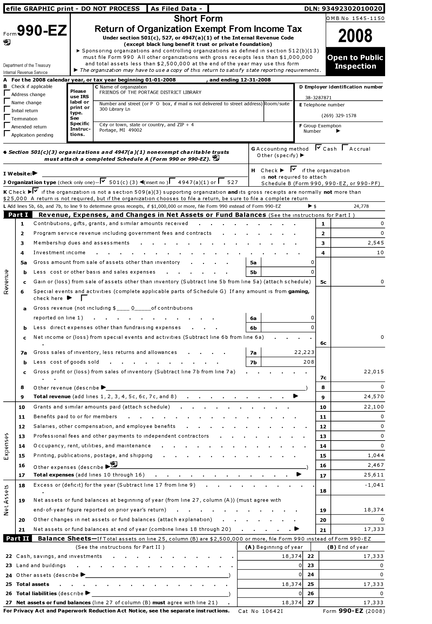 Image of first page of 2008 Form 990EZ for Friends of the Portage District Library