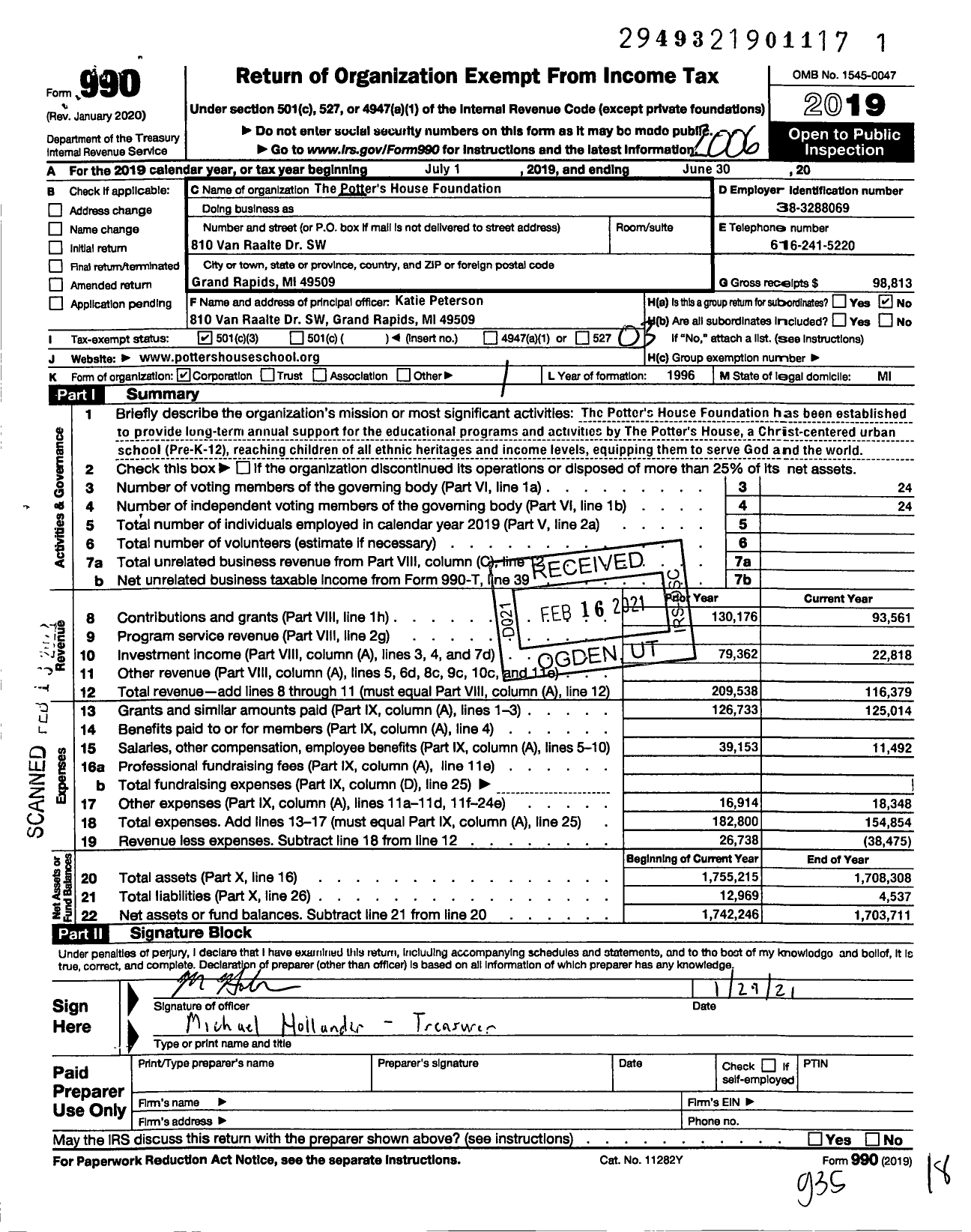 Image of first page of 2019 Form 990 for The Potters House Foundation