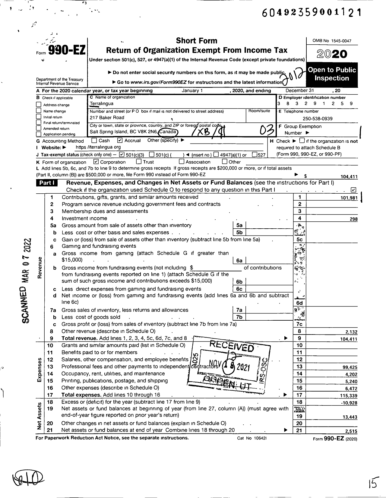 Image of first page of 2020 Form 990EZ for Terralingua