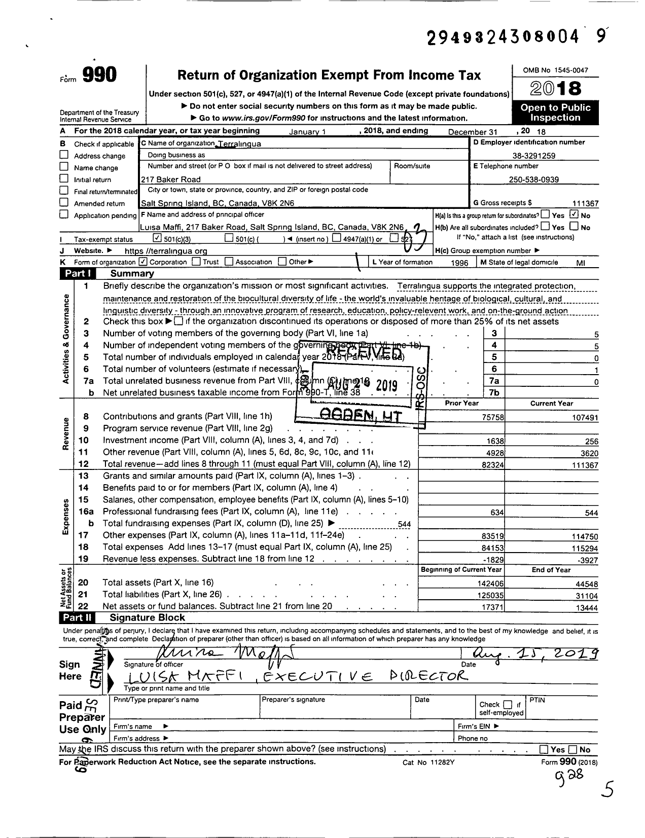 Image of first page of 2018 Form 990 for Terralingua