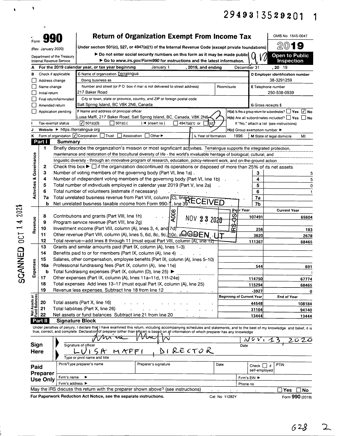 Image of first page of 2019 Form 990 for Terralingua