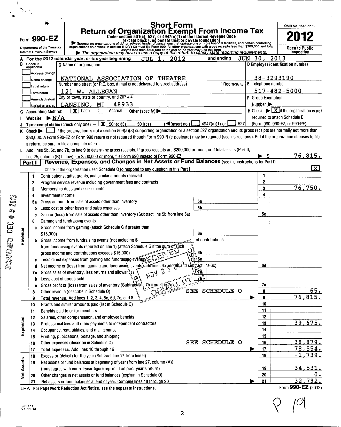 Image of first page of 2012 Form 990EZ for National Association of Theatre Owners of Michigan