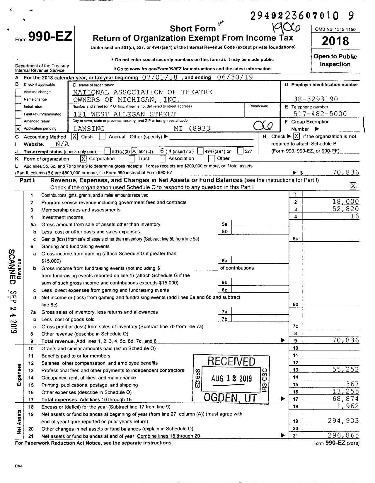 Image of first page of 2018 Form 990EO for National Association of Theatre Owners of Michigan