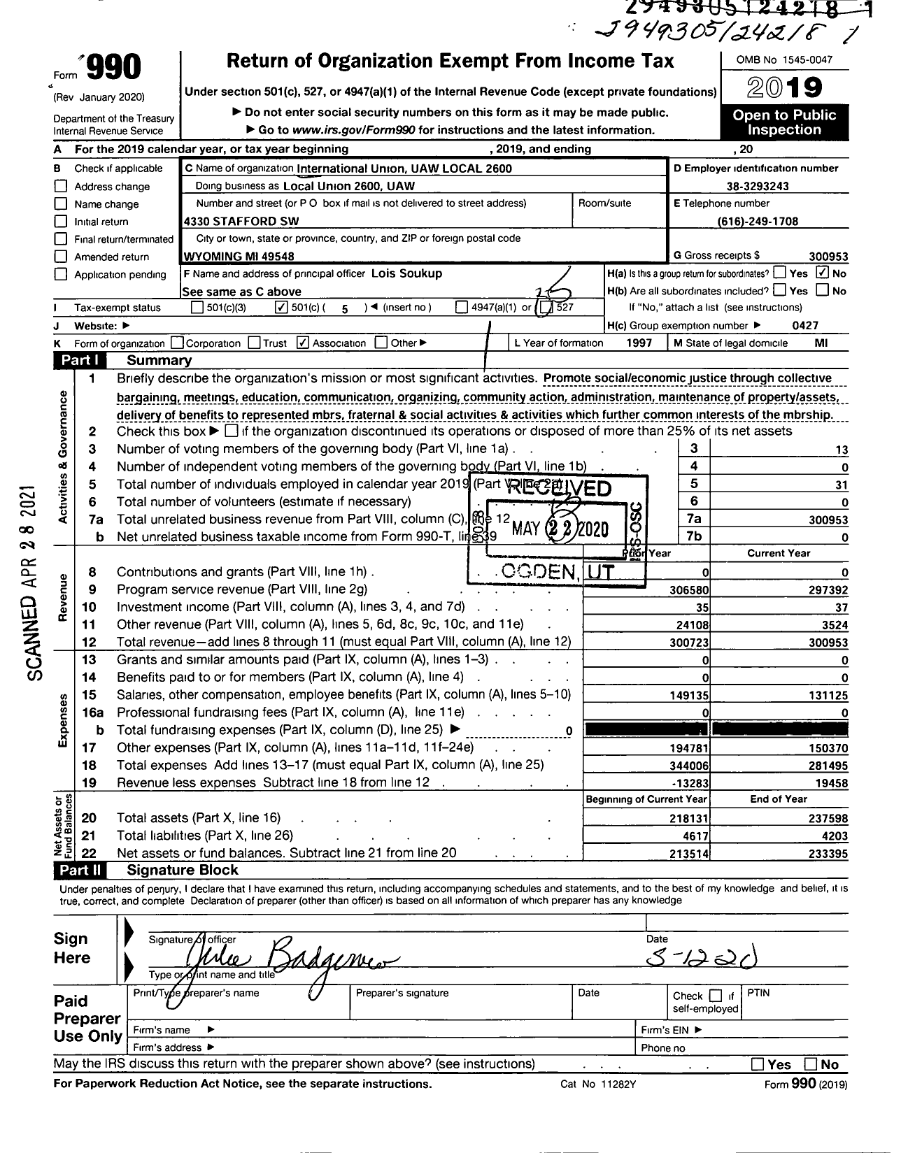 Image of first page of 2019 Form 990O for UAW - Local Union 2600 UAW