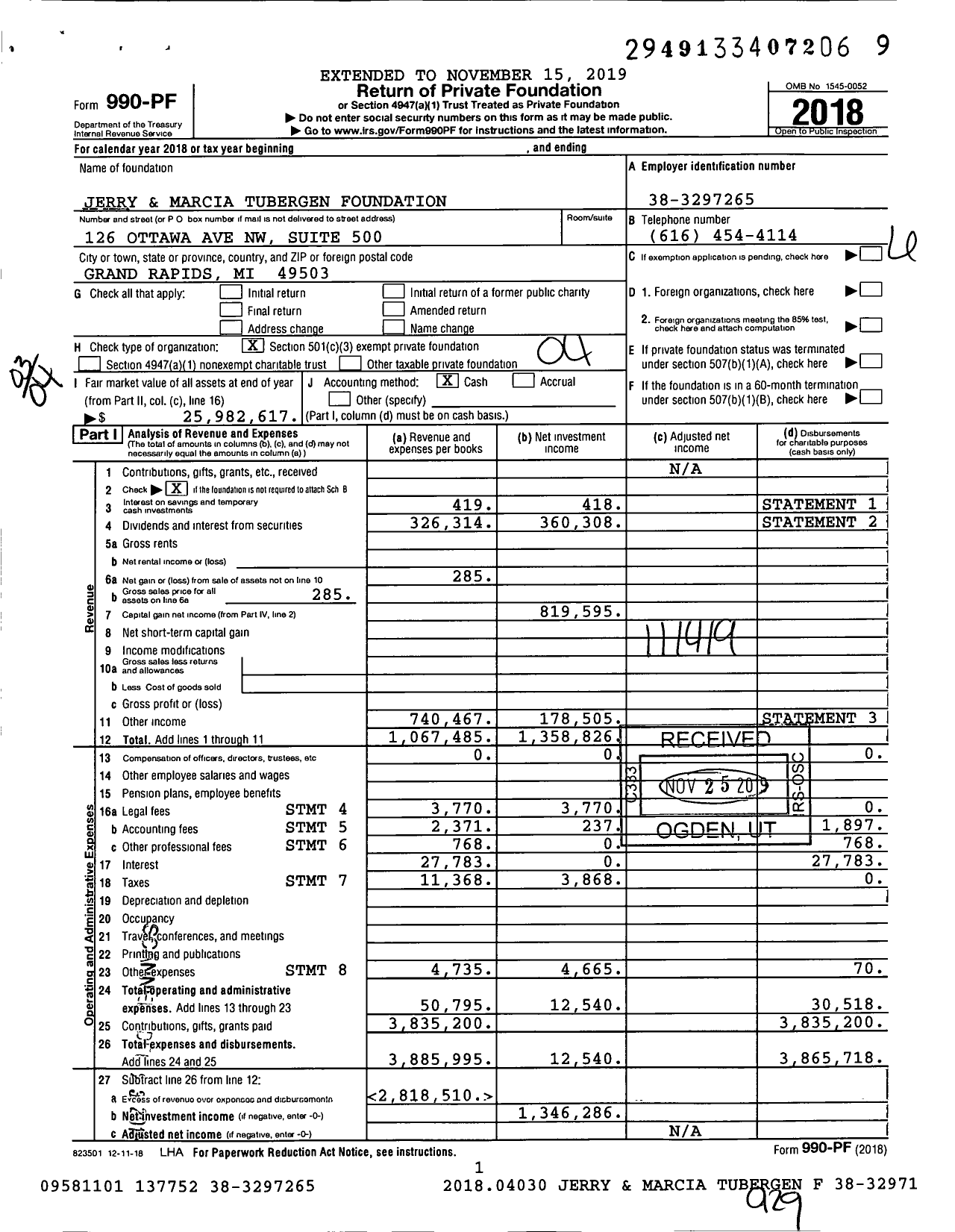 Image of first page of 2018 Form 990PF for Jerry and Marcia Tubergen Foundation