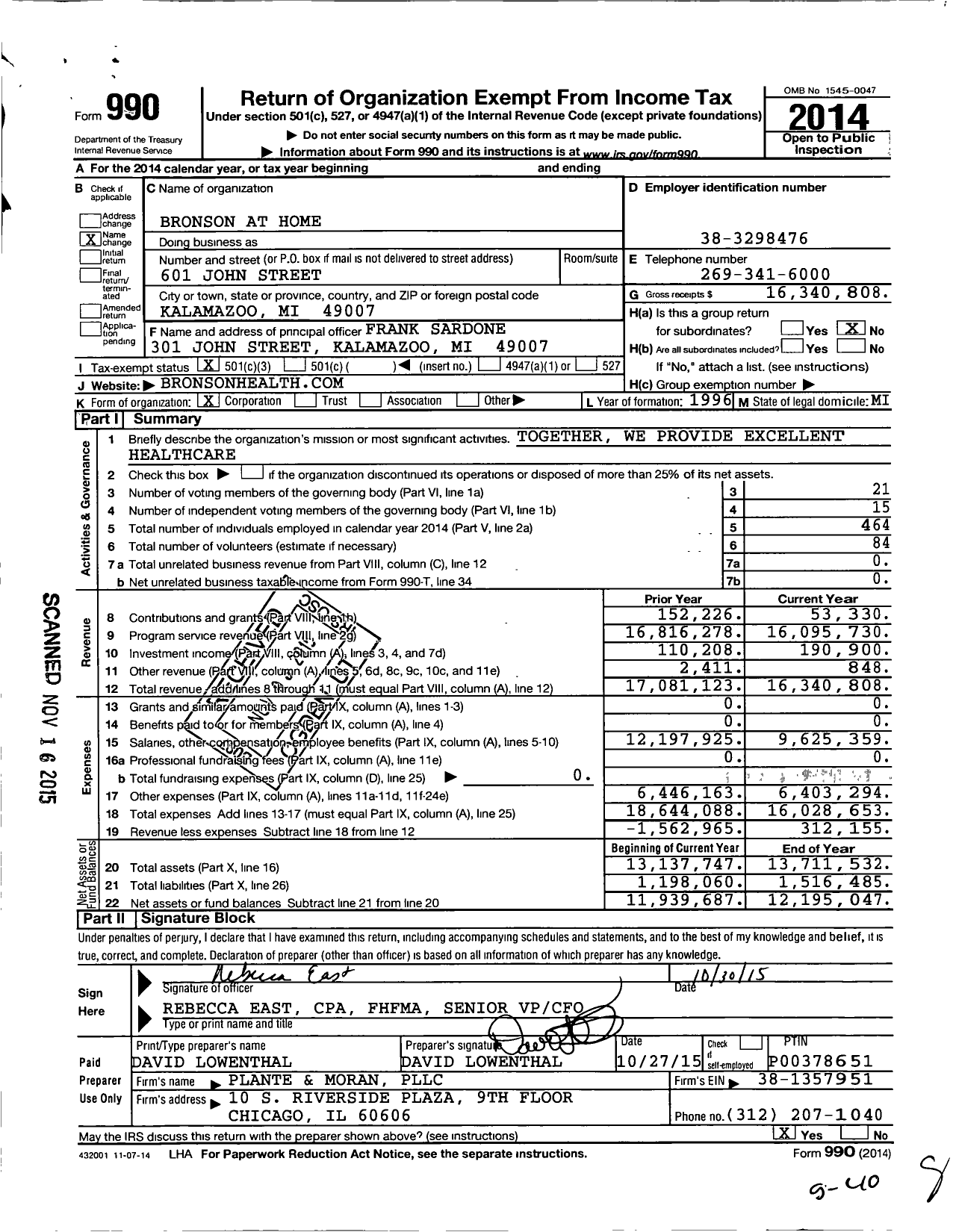 Image of first page of 2014 Form 990 for Bronson at Home