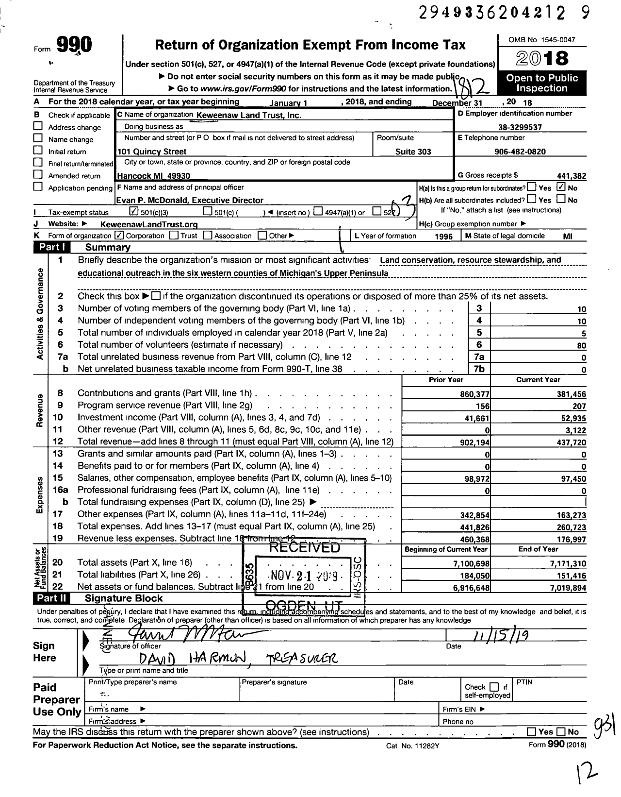 Image of first page of 2018 Form 990 for Keweenaw Land Trust
