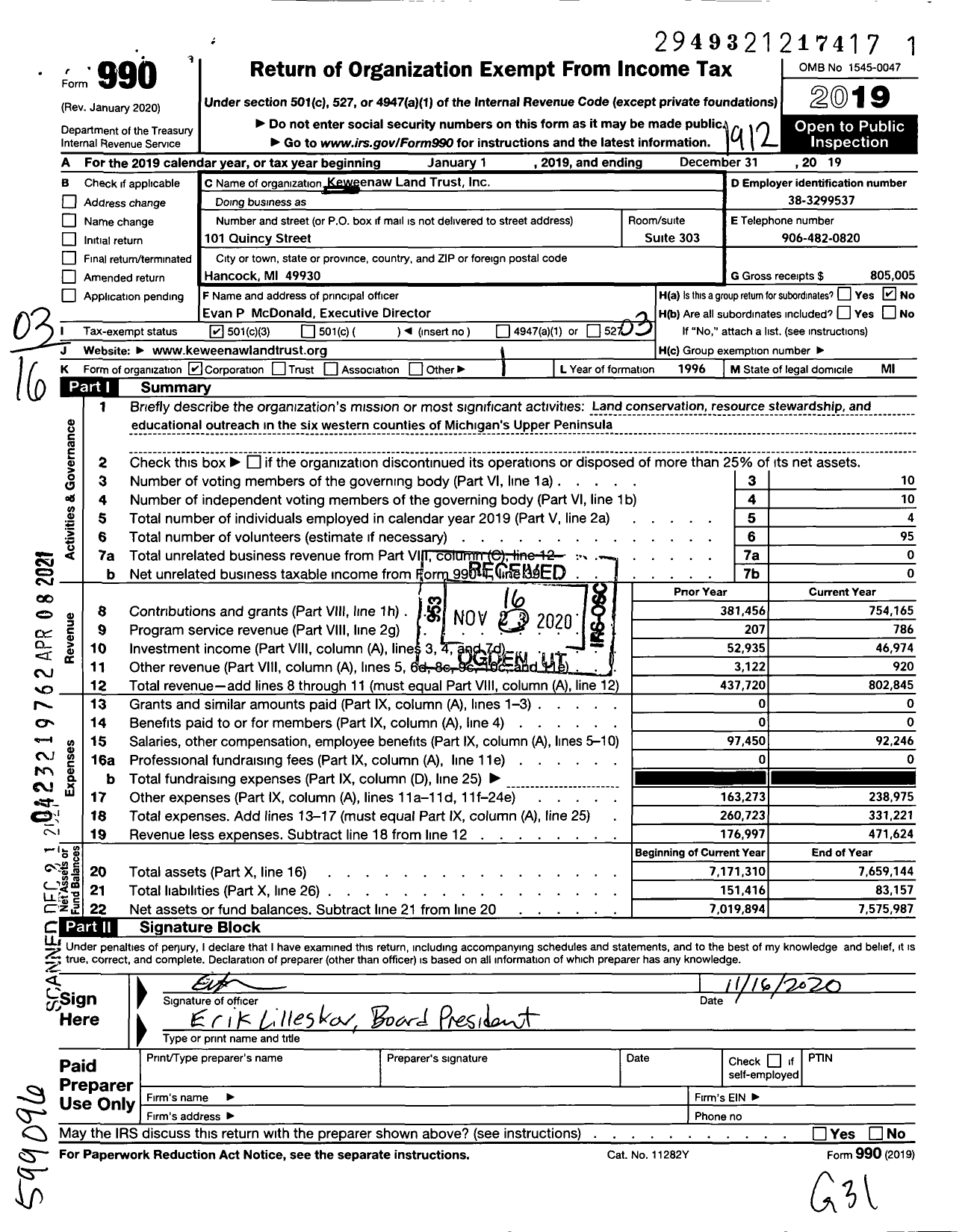 Image of first page of 2019 Form 990 for Keweenaw Land Trust