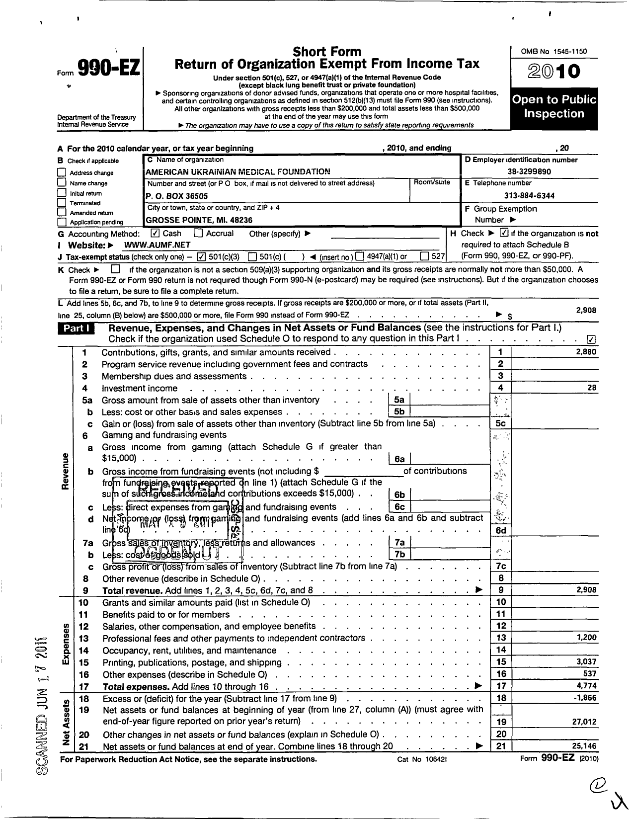 Image of first page of 2010 Form 990EZ for American Ukrainian Medical Foundation