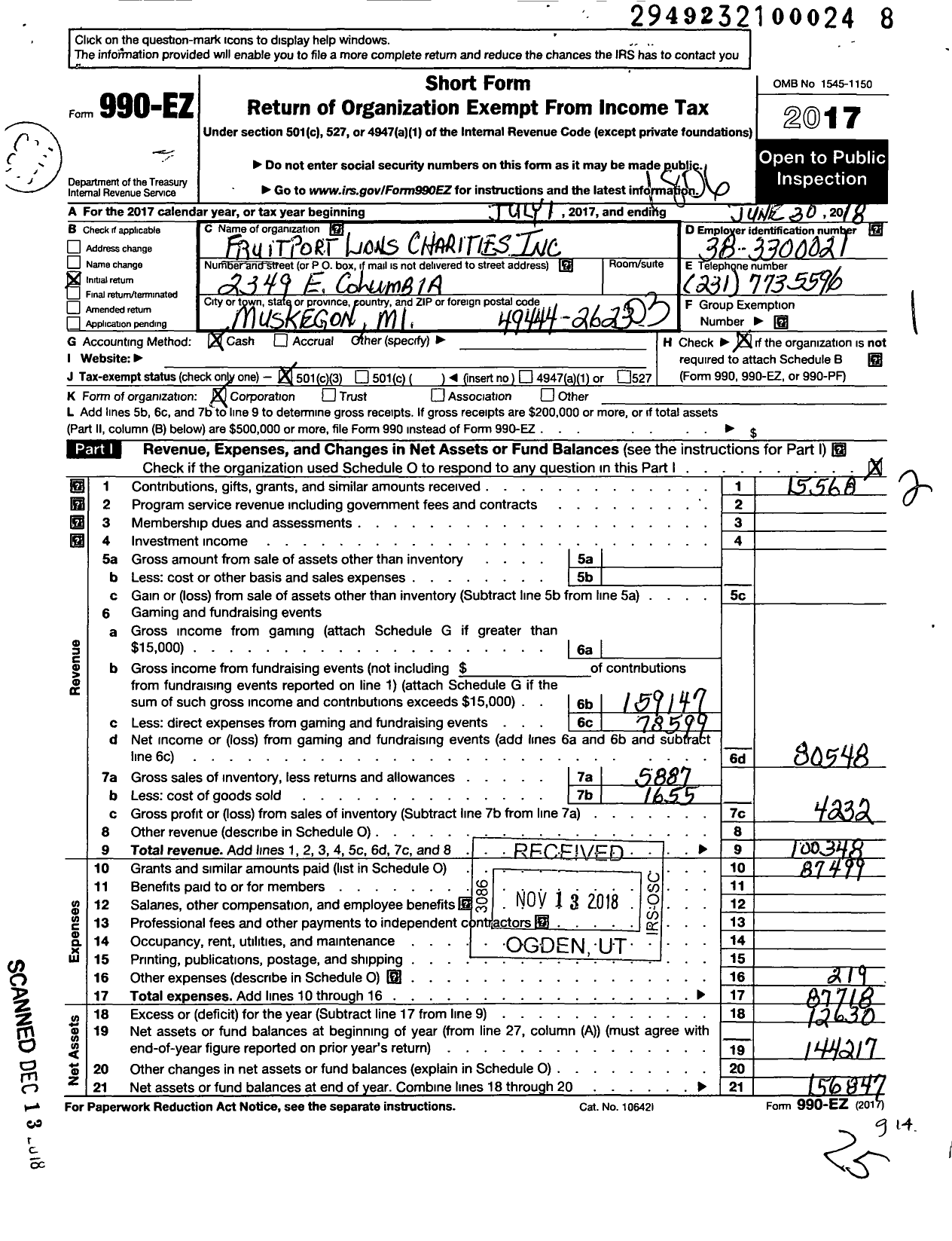 Image of first page of 2017 Form 990EZ for Fruitport Lions Charities