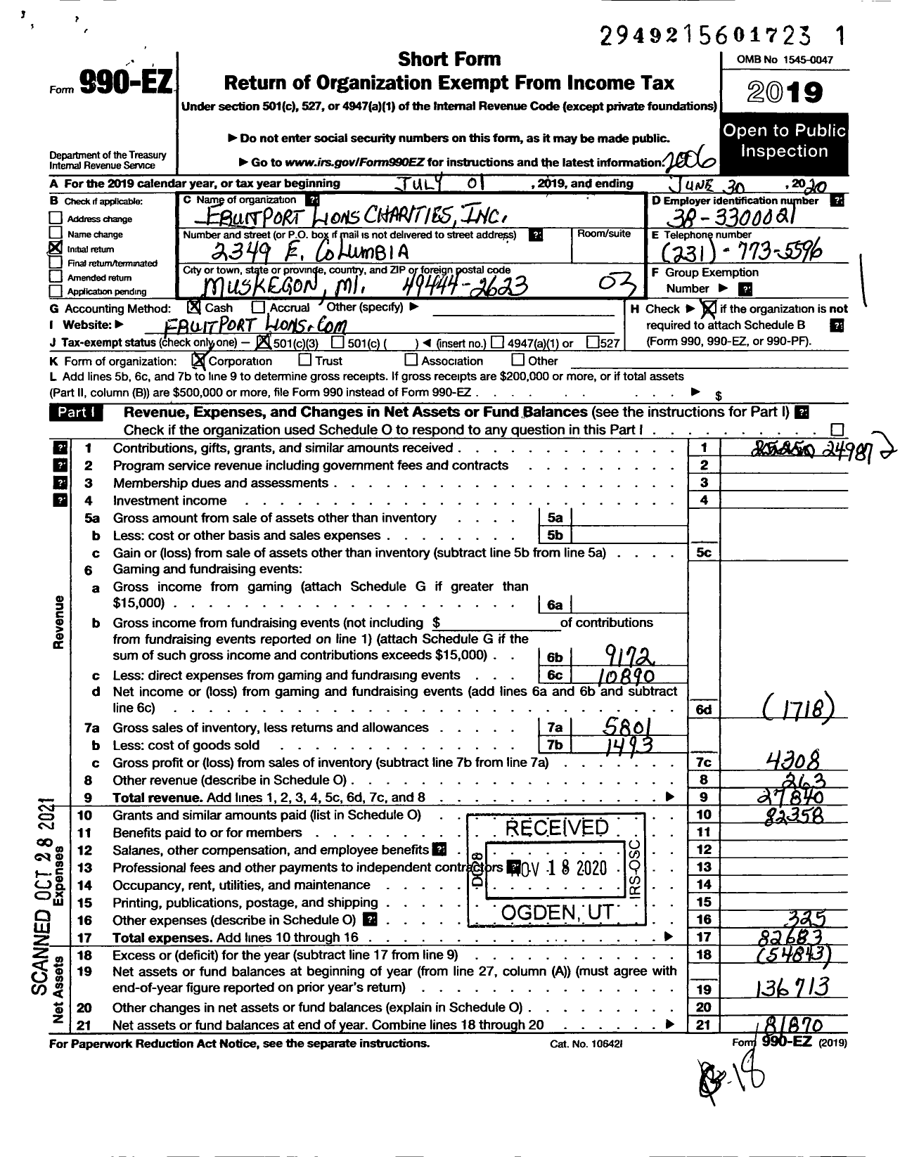 Image of first page of 2019 Form 990EZ for Fruitport Lions Charities