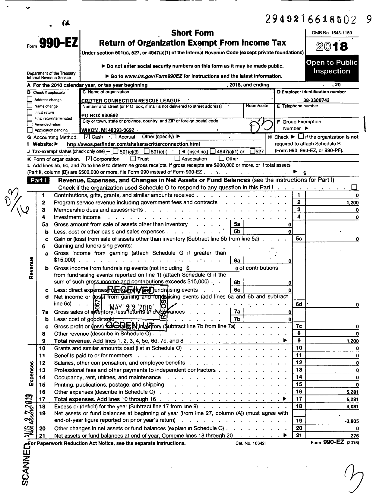 Image of first page of 2018 Form 990EZ for Critter Connection Rescue League