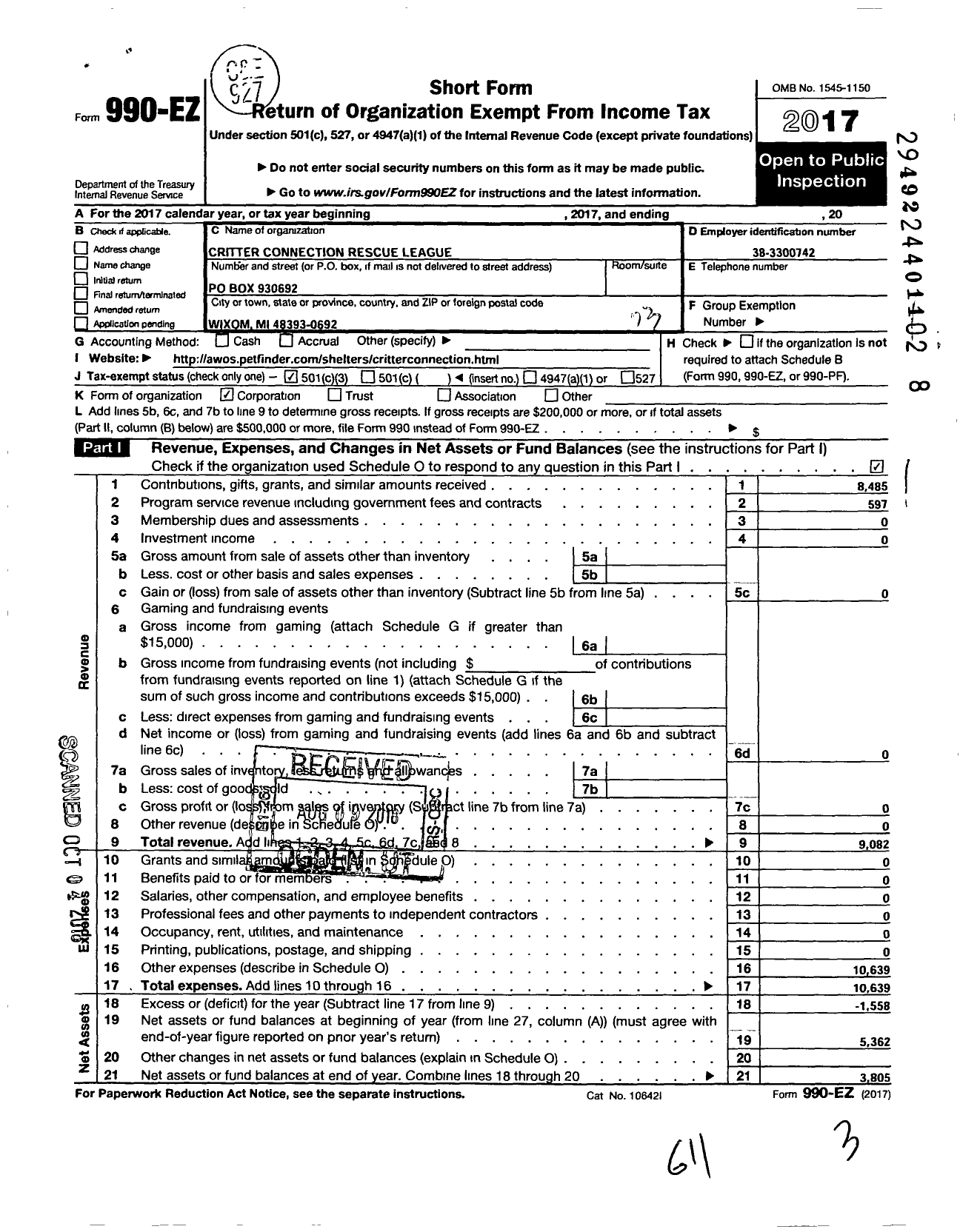 Image of first page of 2017 Form 990EZ for Critter Connection Rescue League