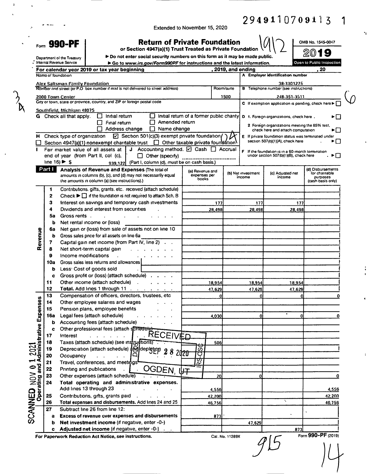 Image of first page of 2019 Form 990PF for Alex Saltsman Family Foundation