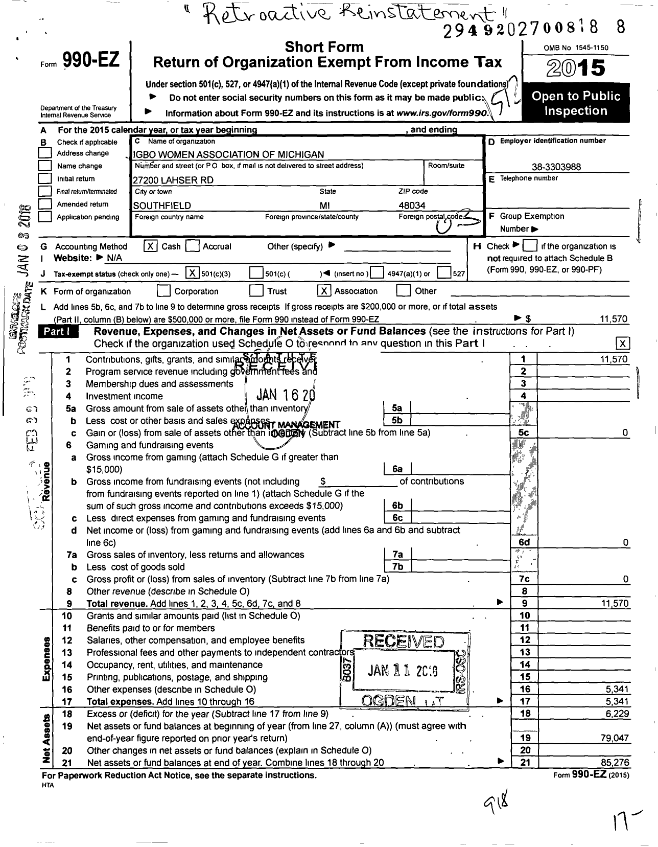 Image of first page of 2015 Form 990EZ for Igbo Women Association of Michigan