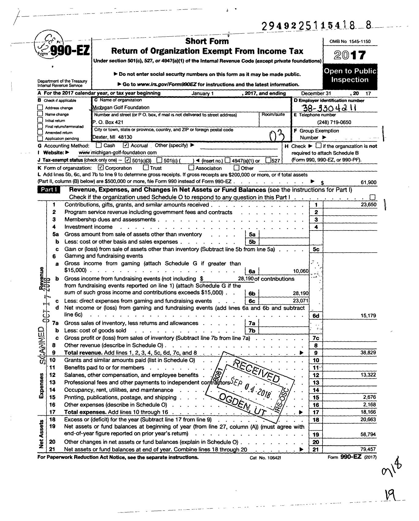 Image of first page of 2017 Form 990EZ for Michigan Golf Foundation