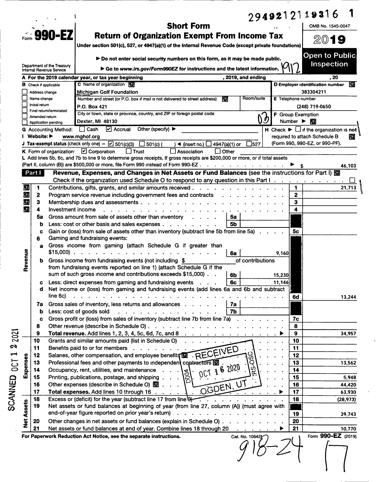 Image of first page of 2019 Form 990EZ for Michigan Golf Foundation