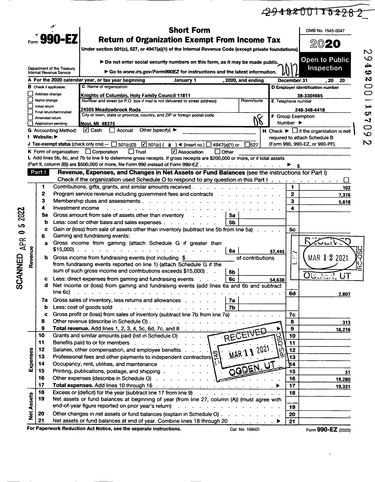 Image of first page of 2020 Form 990EO for KNIGHTS OF COLUMBUS / 11811 Holy Family