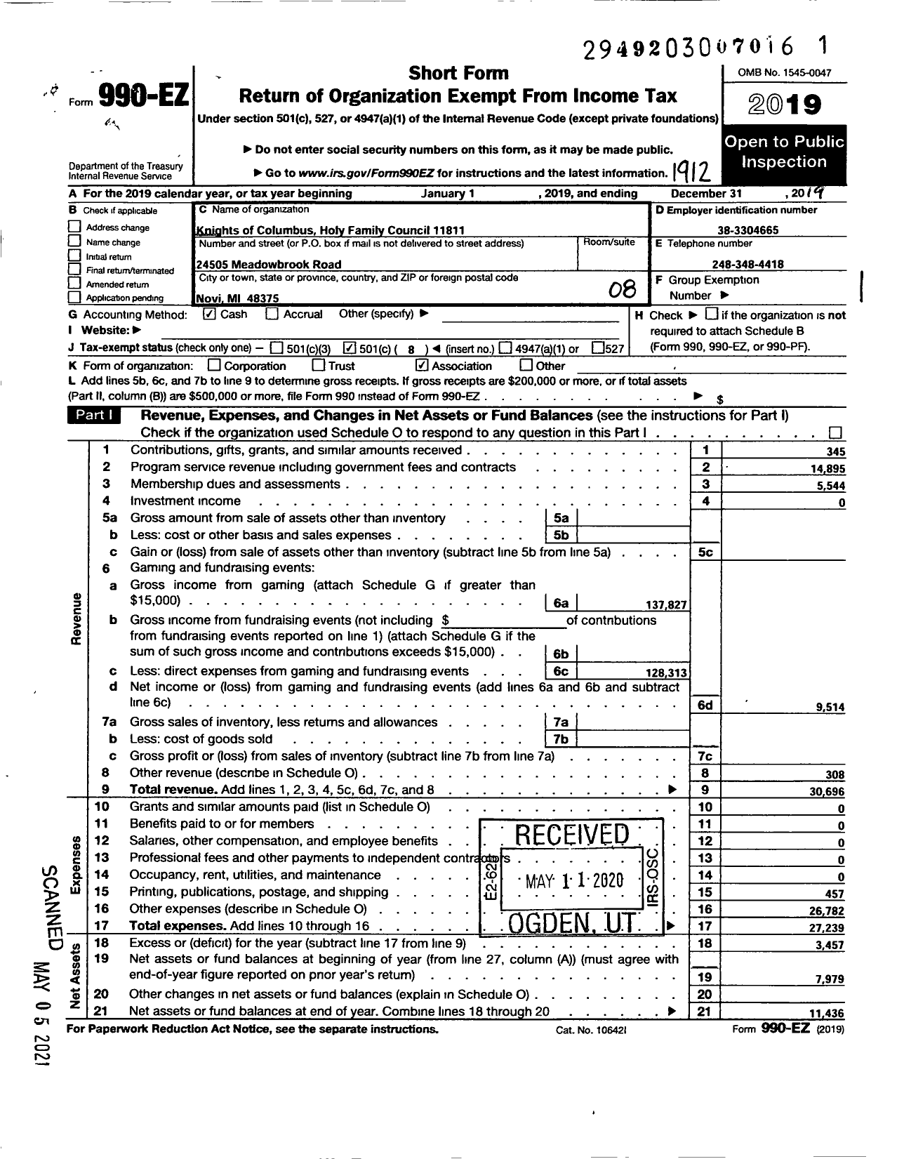 Image of first page of 2019 Form 990EO for KNIGHTS OF COLUMBUS / 11811 Holy Family