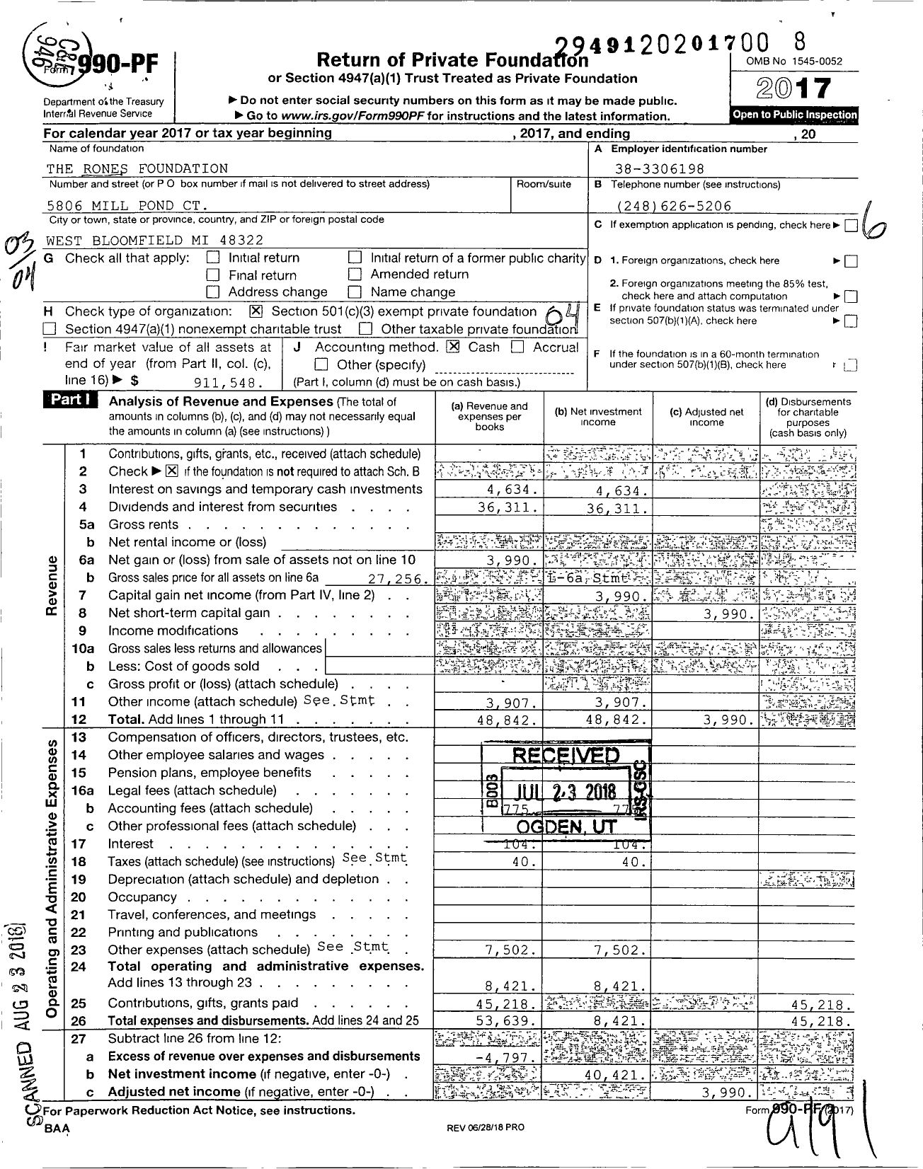 Image of first page of 2017 Form 990PF for The Rones Foundation