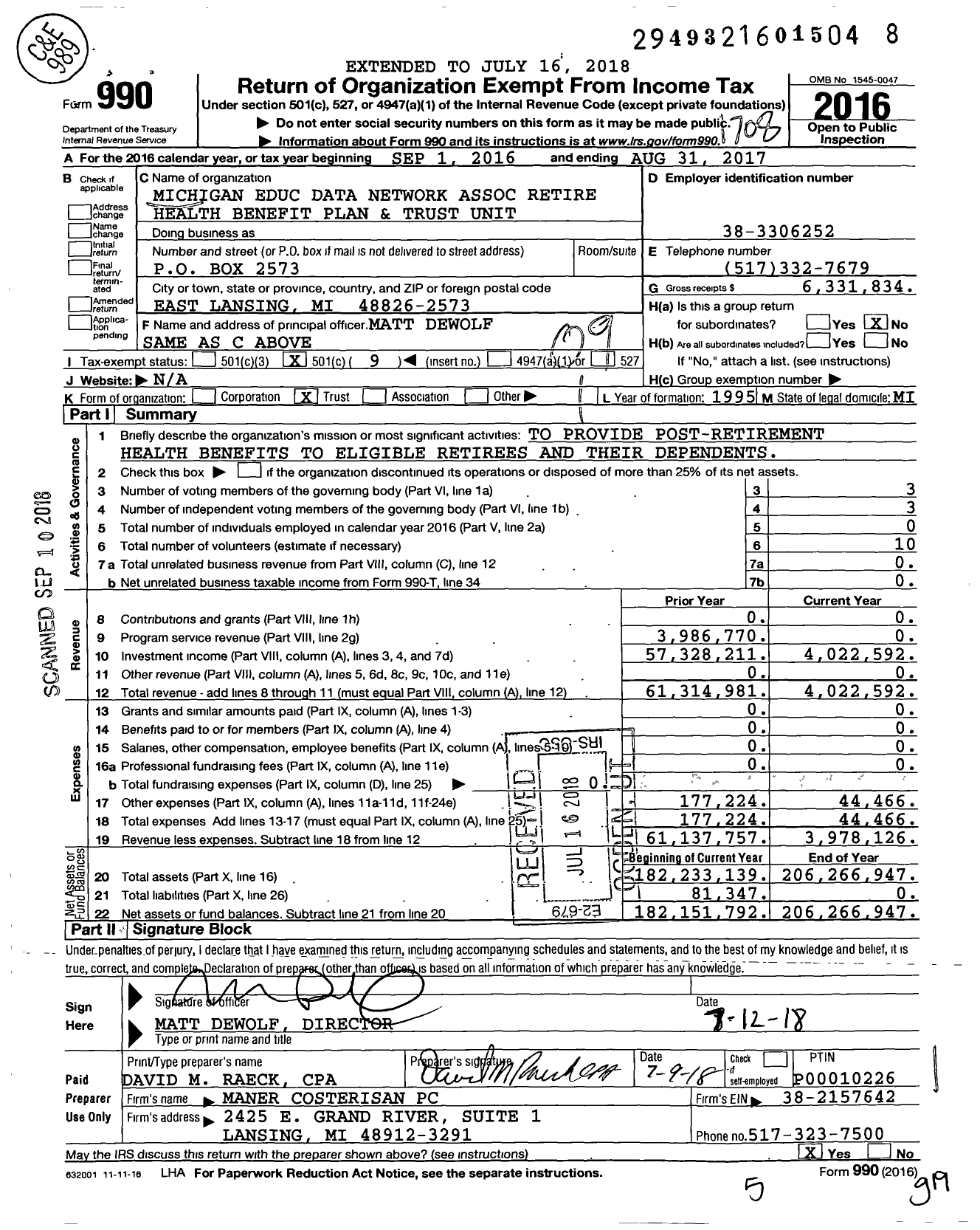 Image of first page of 2016 Form 990O for Mea Messa and Mea Financial Services Retiree Health and Welfare Benefit Plan