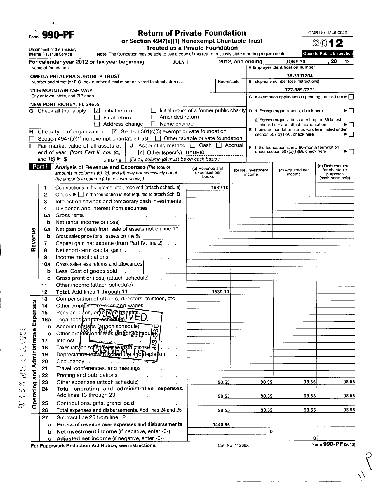 Image of first page of 2012 Form 990PF for Omega Phi Alpha Scholarship Trust