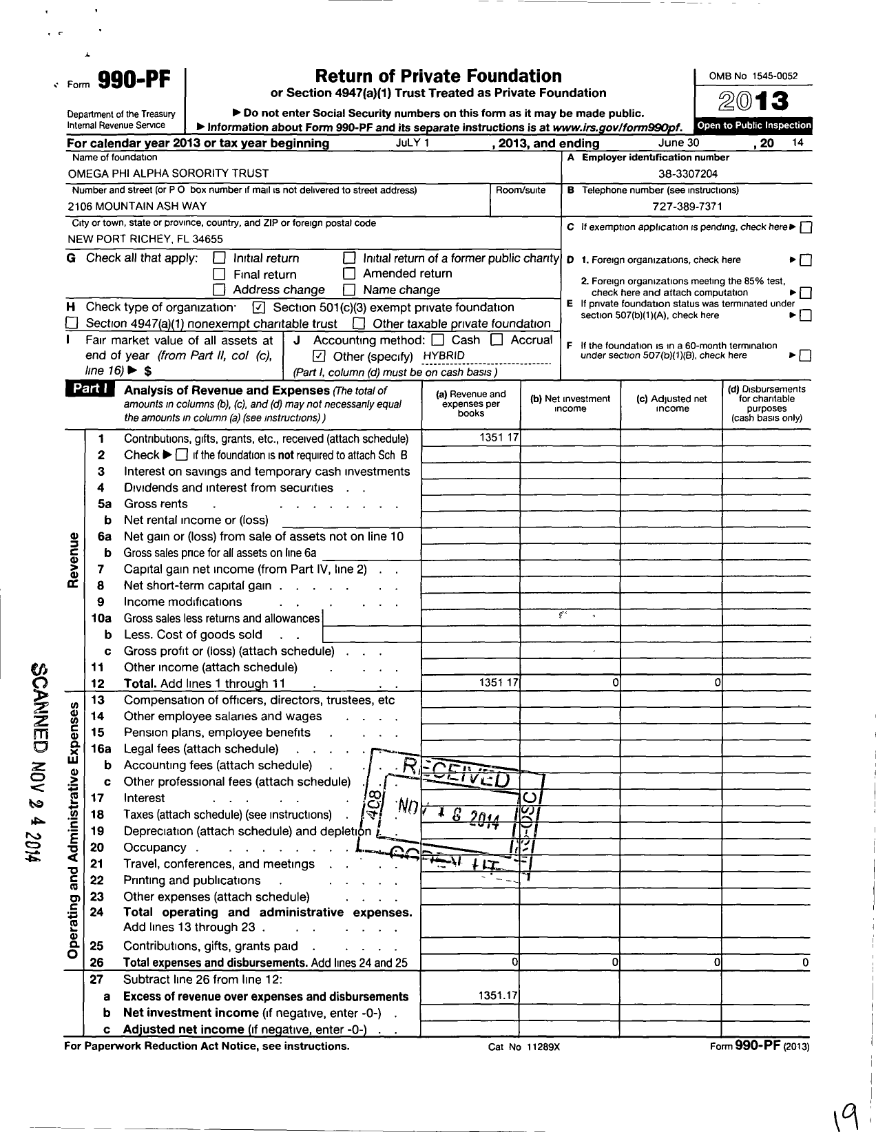 Image of first page of 2013 Form 990PF for Omega Phi Alpha Scholarship Trust