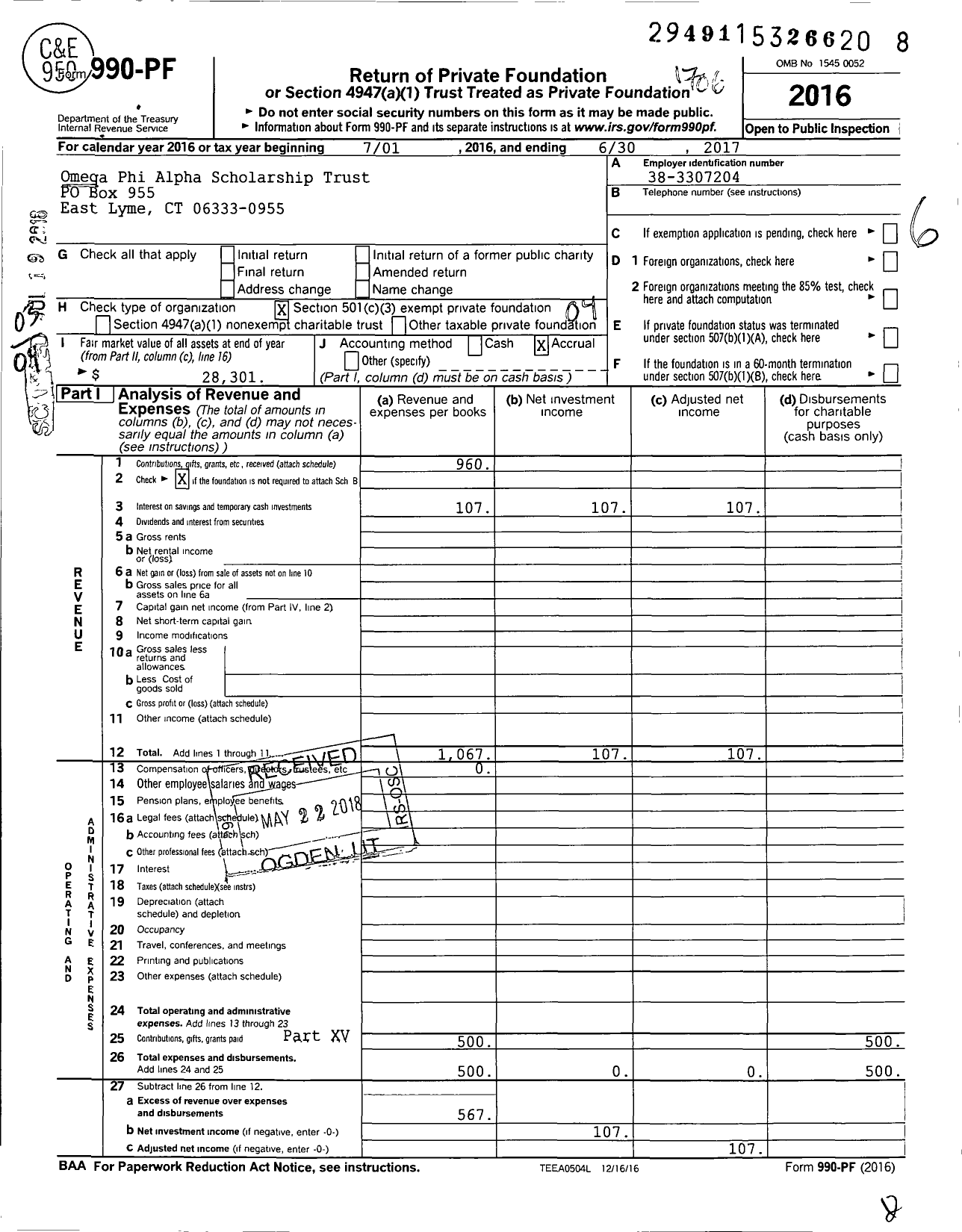 Image of first page of 2016 Form 990PF for Omega Phi Alpha Scholarship Trust