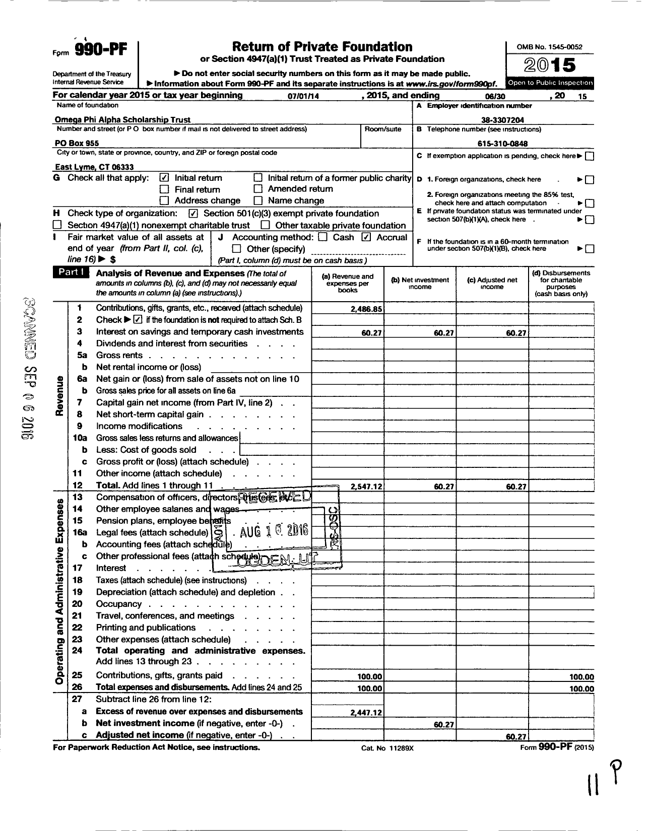 Image of first page of 2014 Form 990PF for Omega Phi Alpha Scholarship Trust