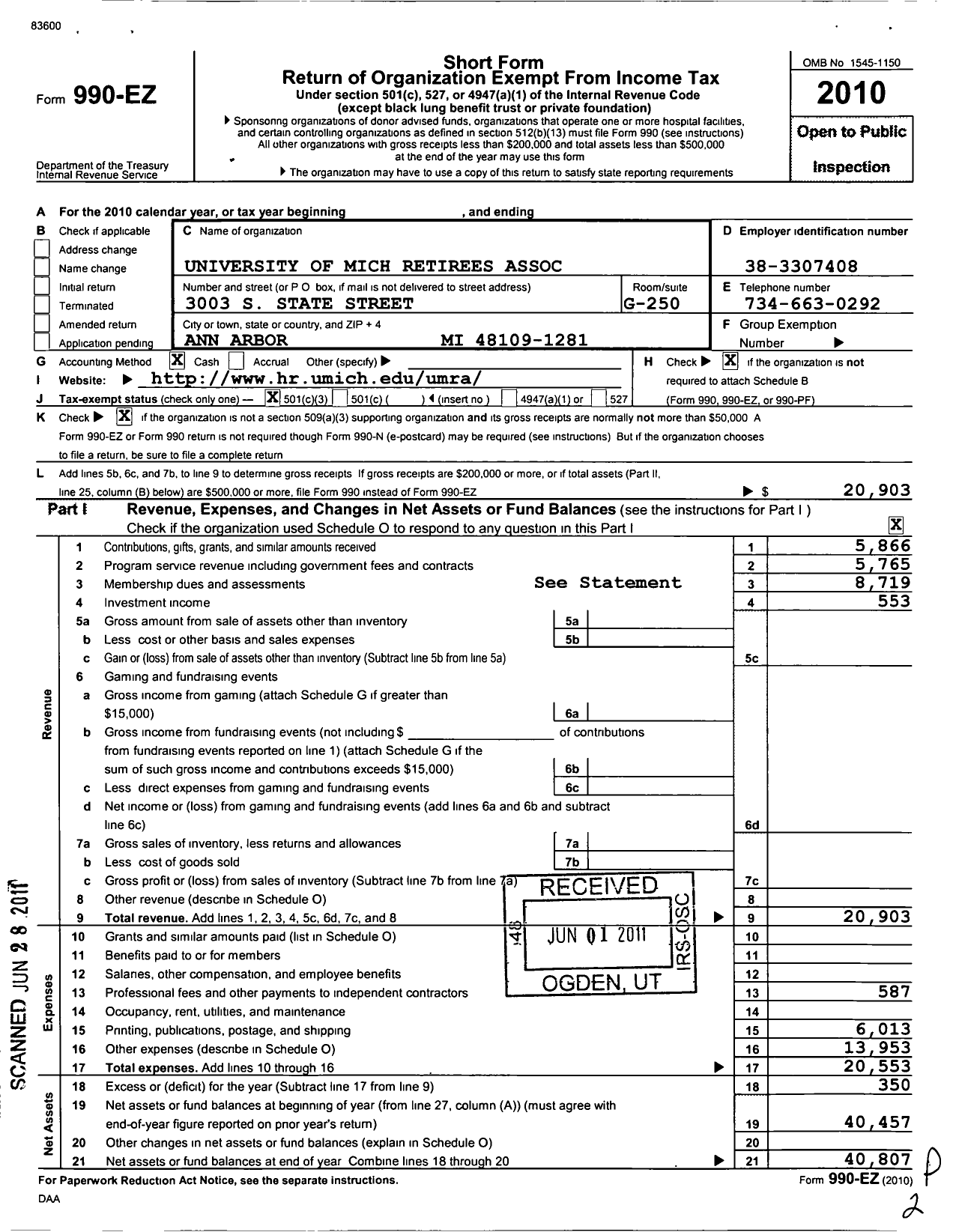 Image of first page of 2010 Form 990EZ for University of Michigan Retirees Association