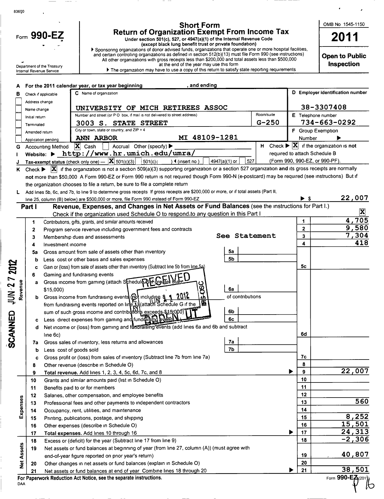 Image of first page of 2011 Form 990EZ for University of Michigan Retirees Association