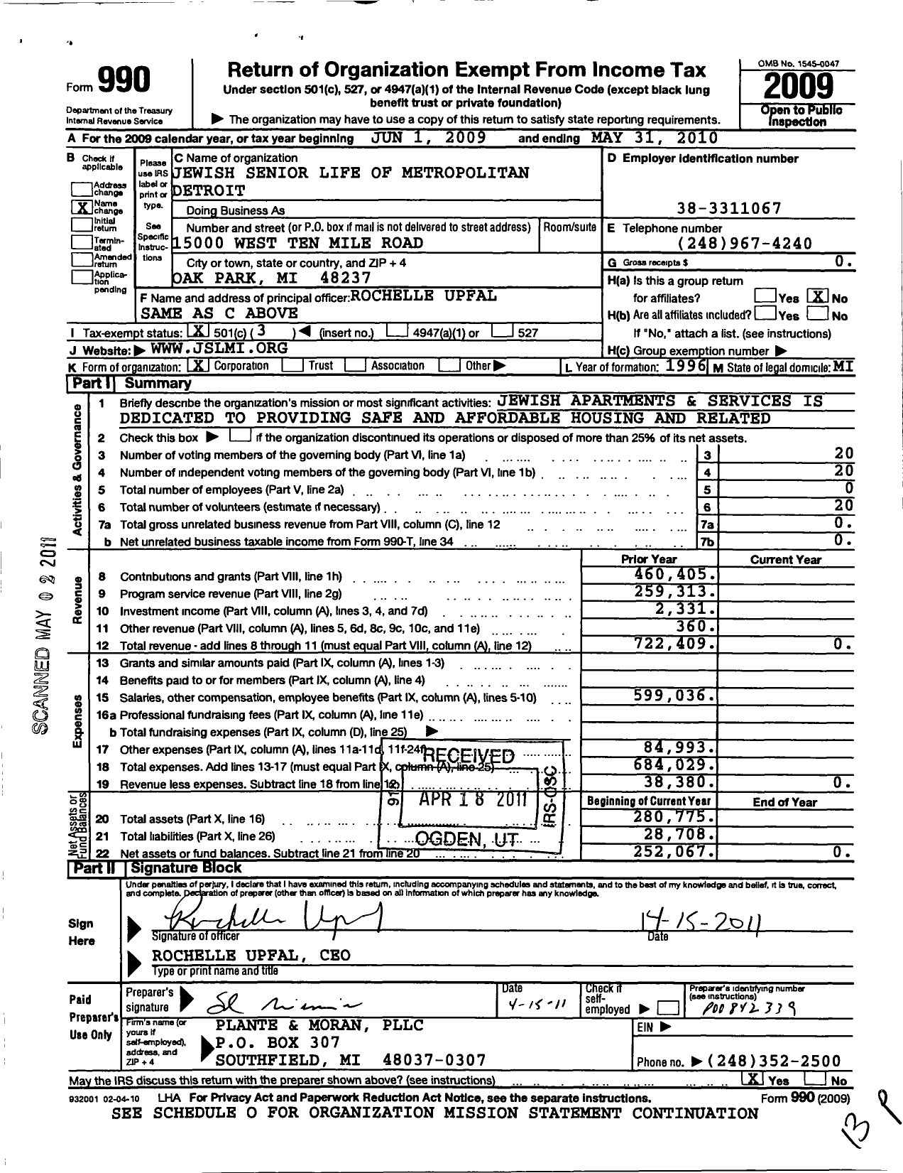 Image of first page of 2009 Form 990 for Jewish Senior Life of Metropolitan Detroit