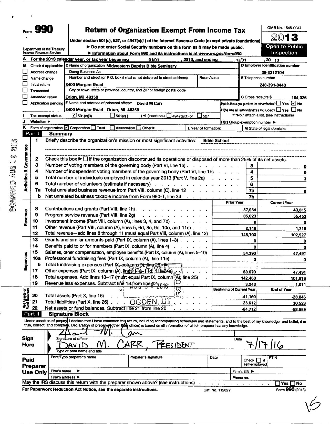 Image of first page of 2013 Form 990 for Midwestern Baptist Bible Seminary