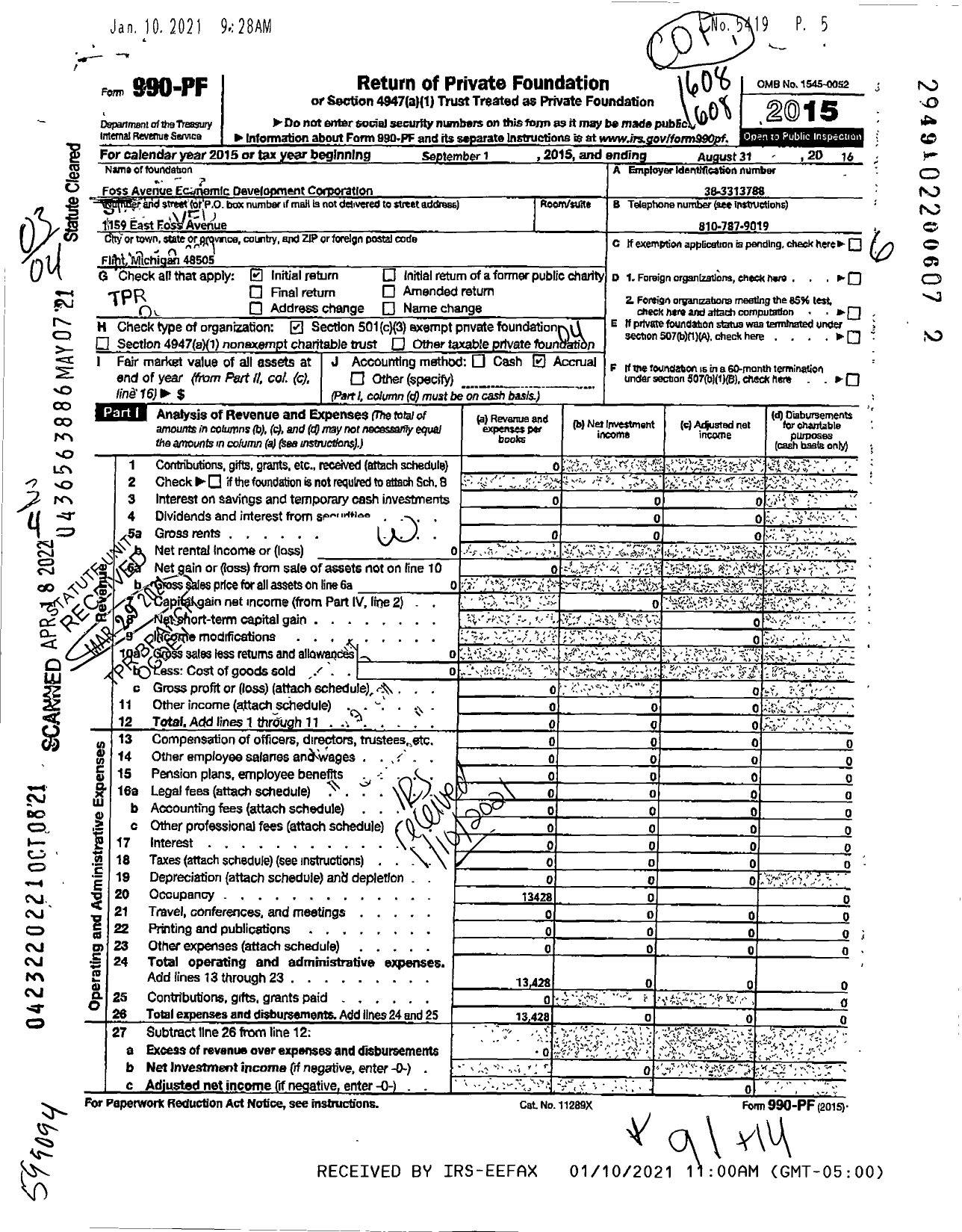 Image of first page of 2015 Form 990PF for Foss Avenue Economic Development Corporation