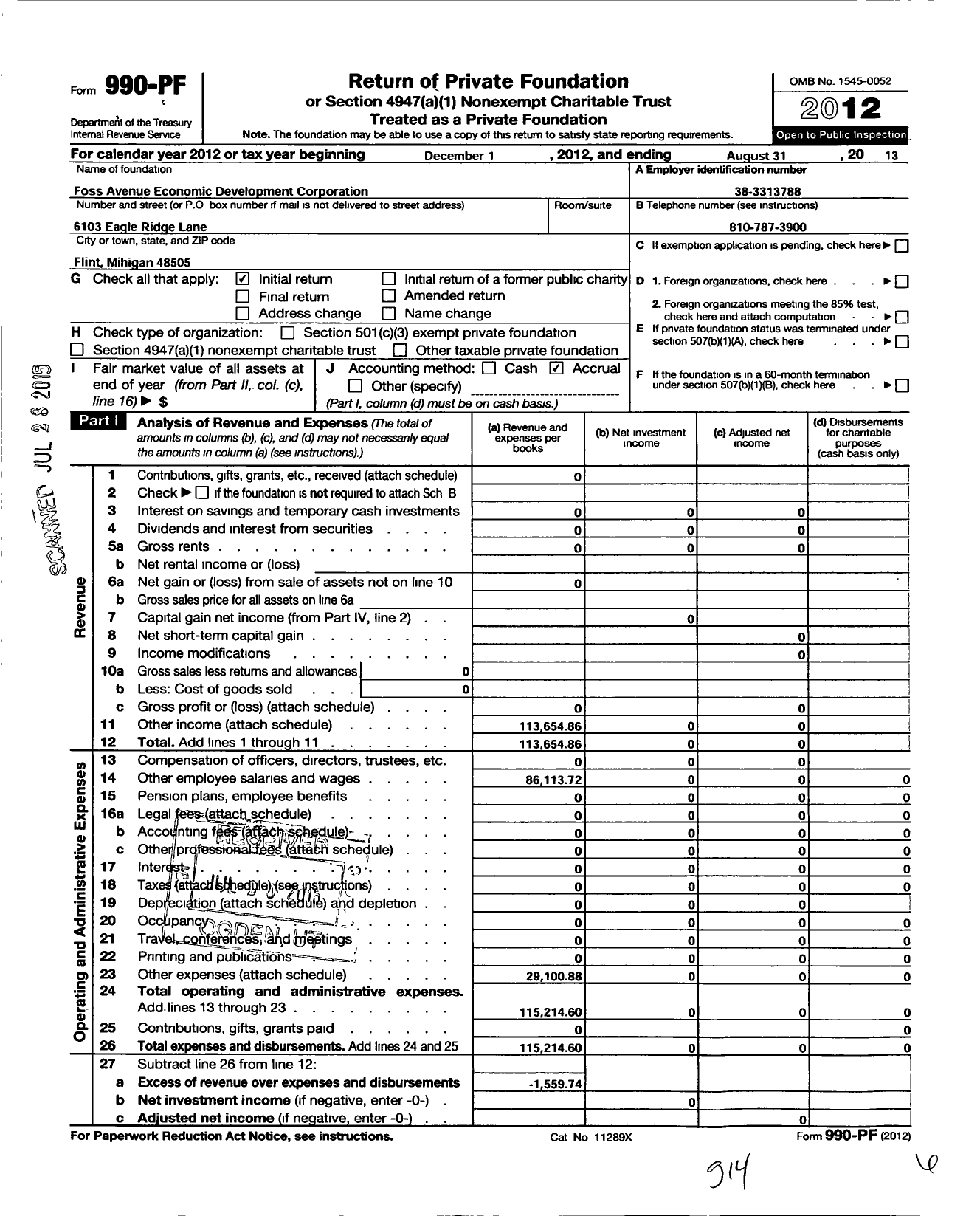 Image of first page of 2012 Form 990PF for Foss Avenue Economic Development Corporation