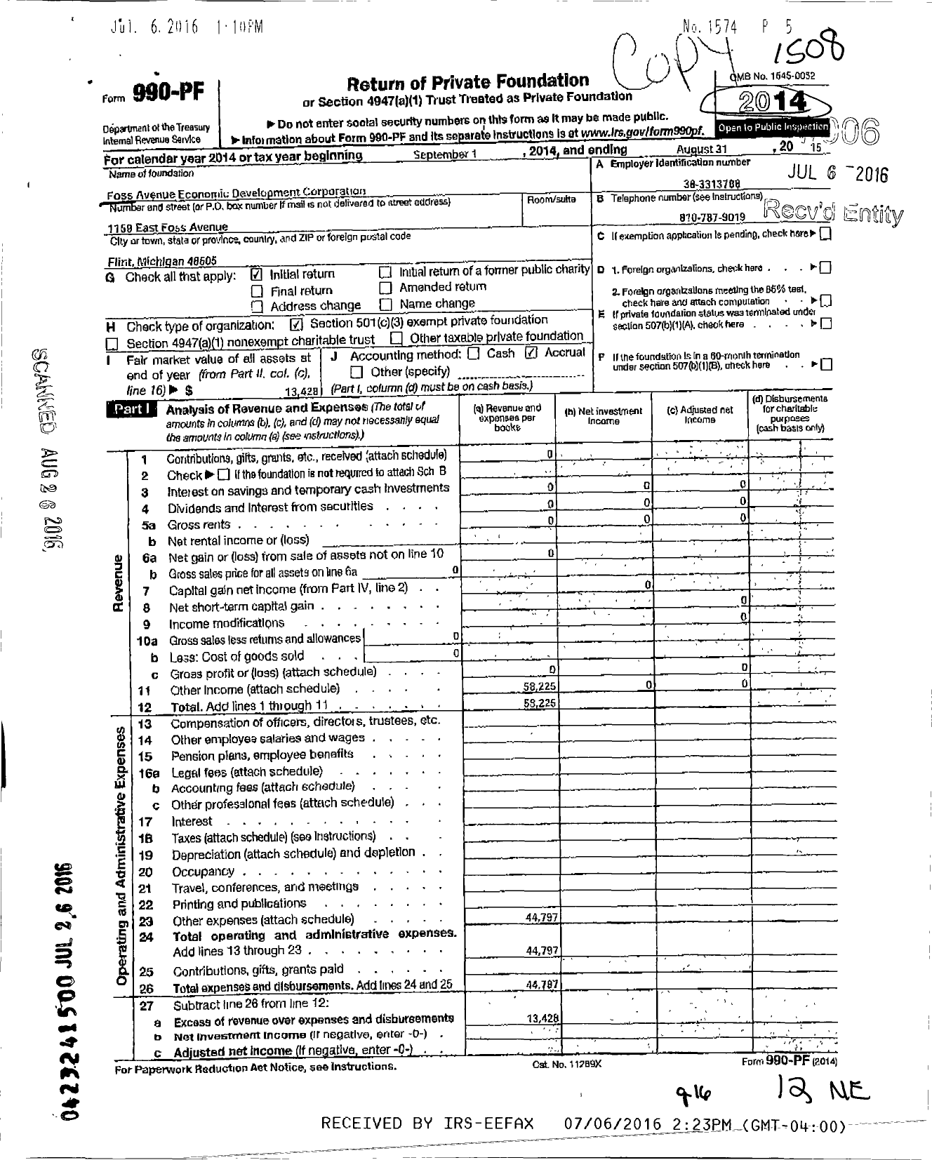 Image of first page of 2014 Form 990PF for Foss Avenue Economic Development Corporation