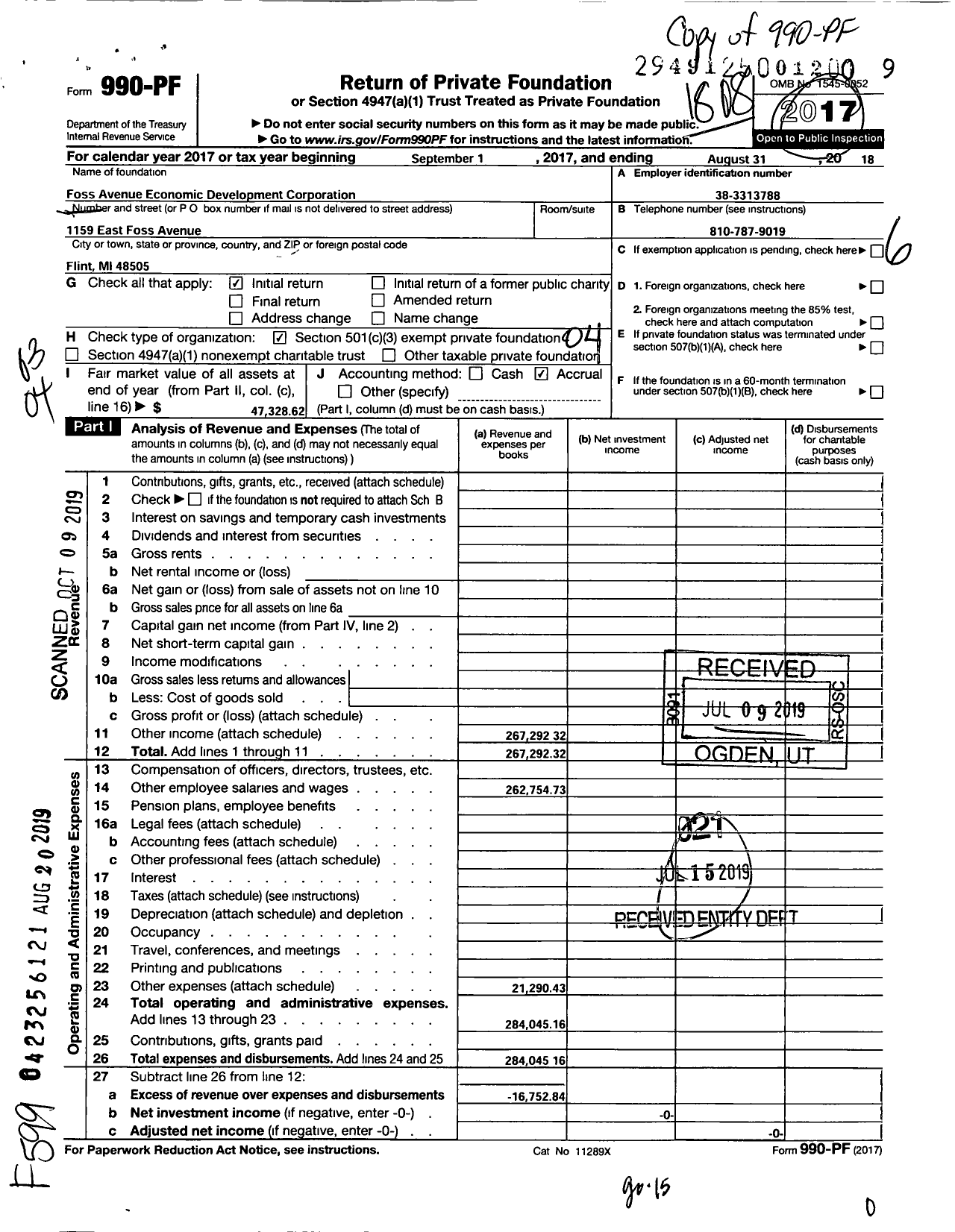 Image of first page of 2017 Form 990PF for Foss Avenue Economic Development Corporation