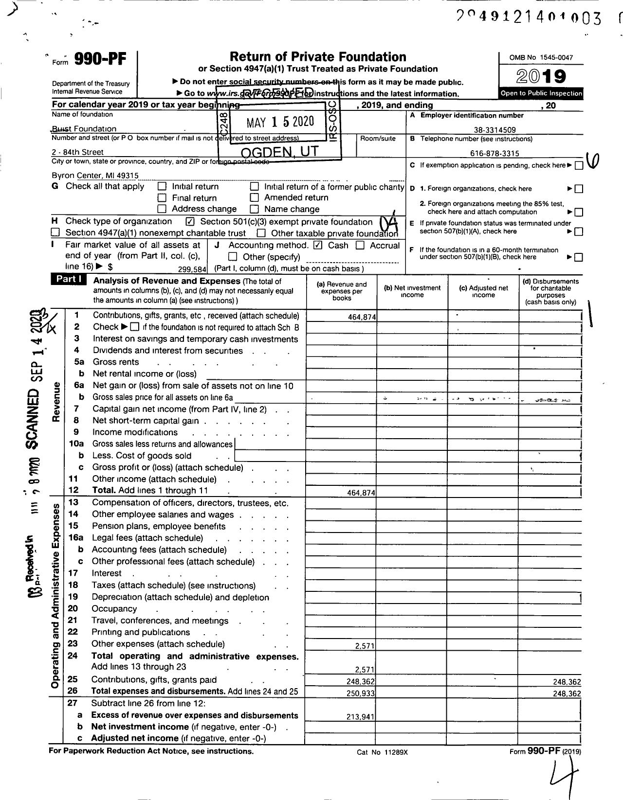 Image of first page of 2019 Form 990PR for Buist Foundation