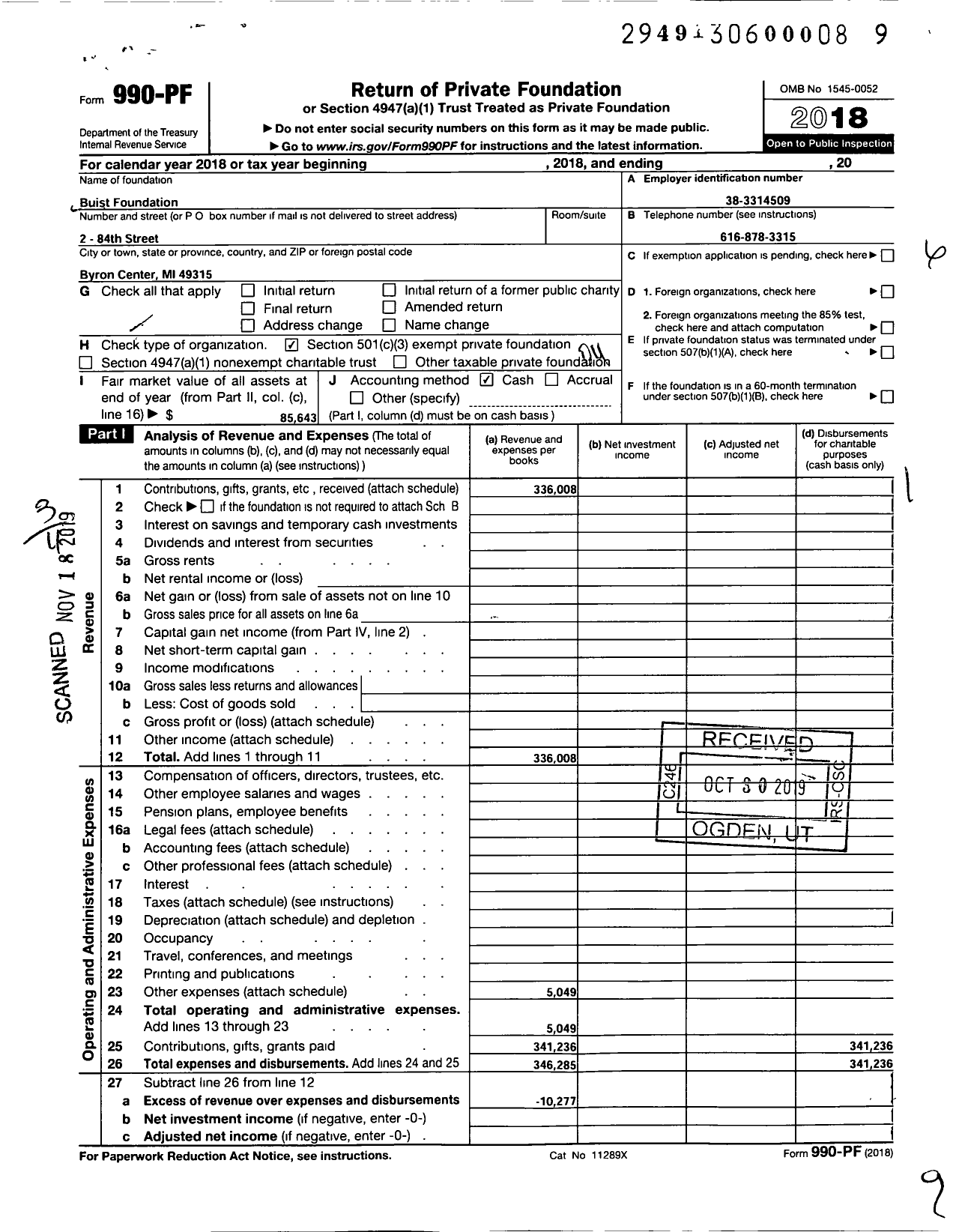 Image of first page of 2018 Form 990PF for Buist Foundation