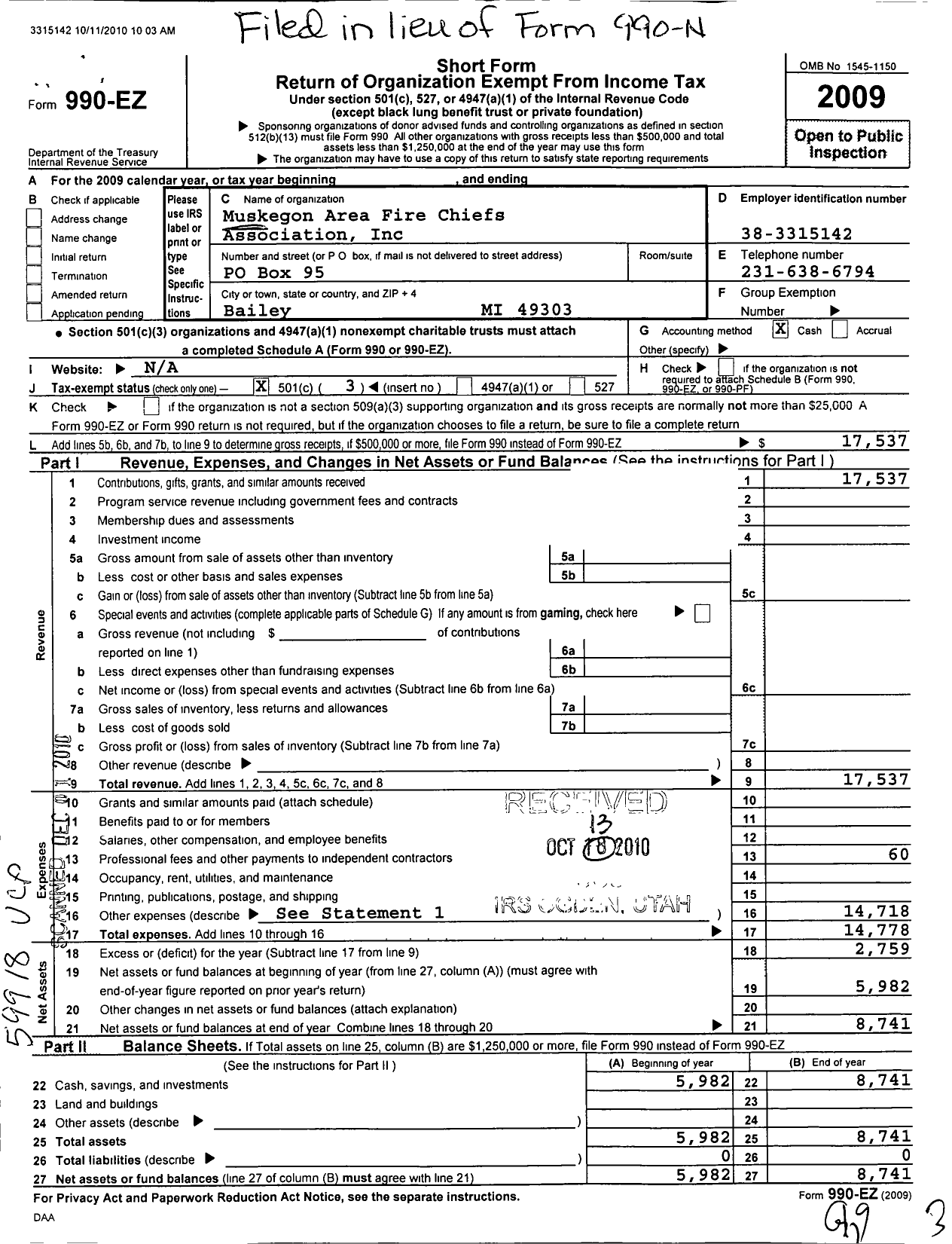 Image of first page of 2009 Form 990EZ for Muskegon Area Fire Chiefs Association