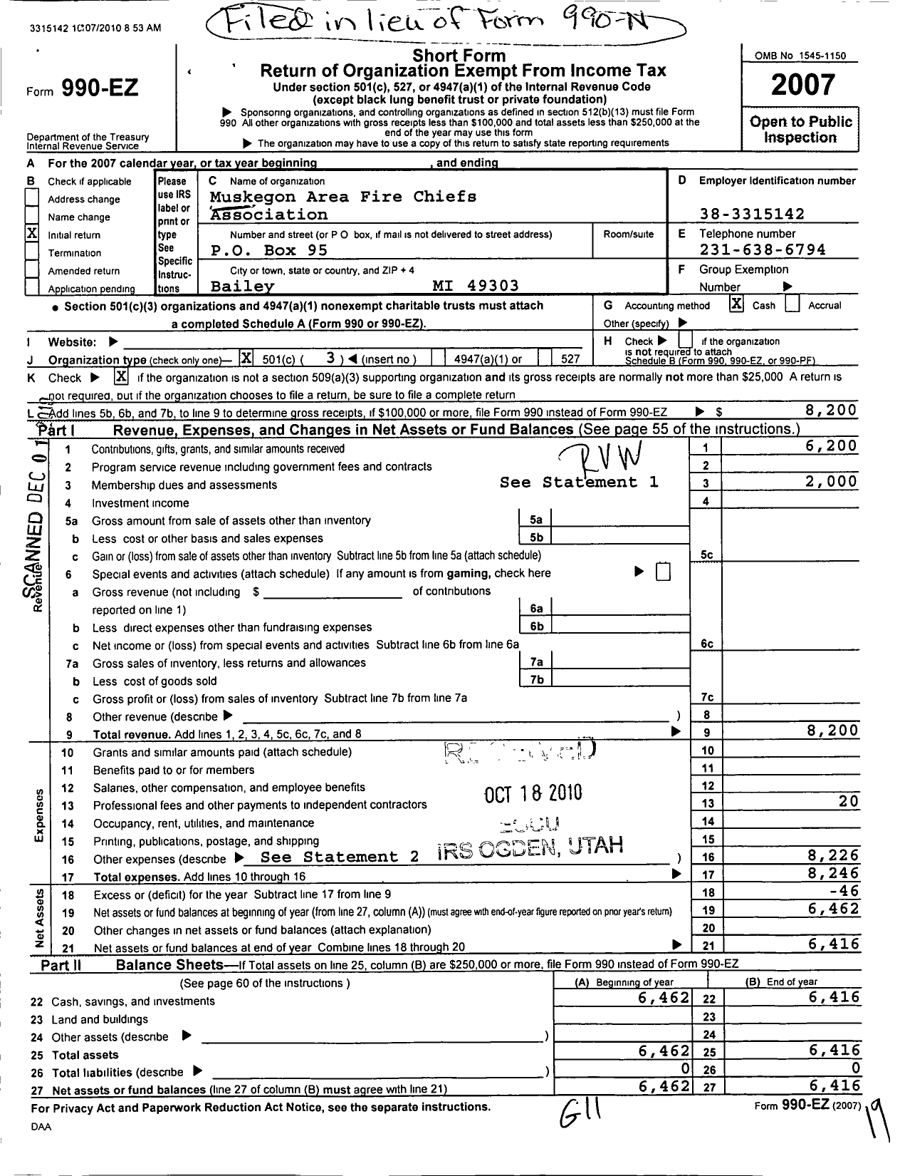 Image of first page of 2007 Form 990EZ for Muskegon Area Fire Chiefs Association