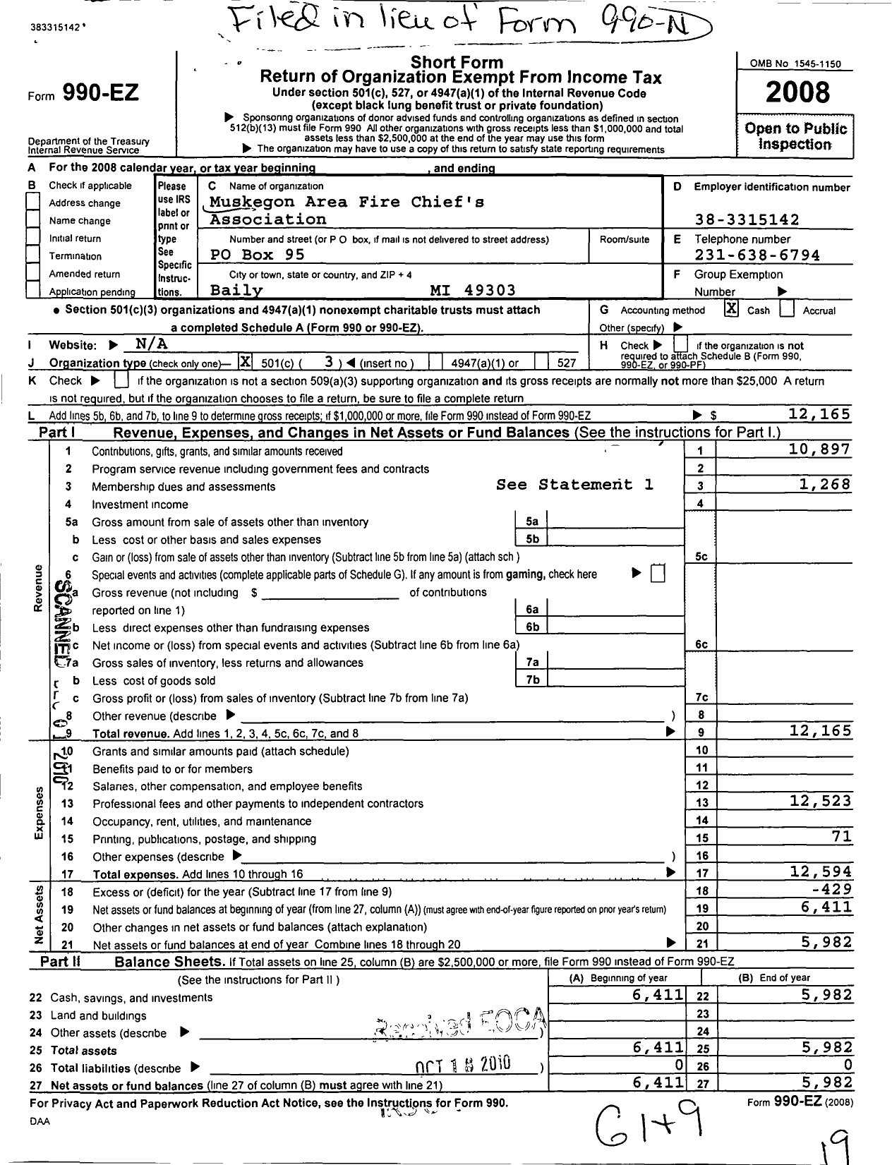 Image of first page of 2008 Form 990EZ for Muskegon Area Fire Chiefs Association