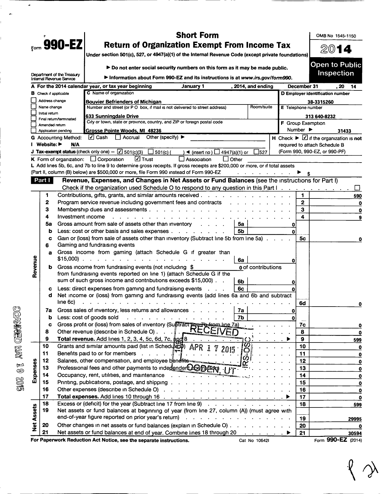 Image of first page of 2014 Form 990EZ for Bouviers Befrienders of Michigan