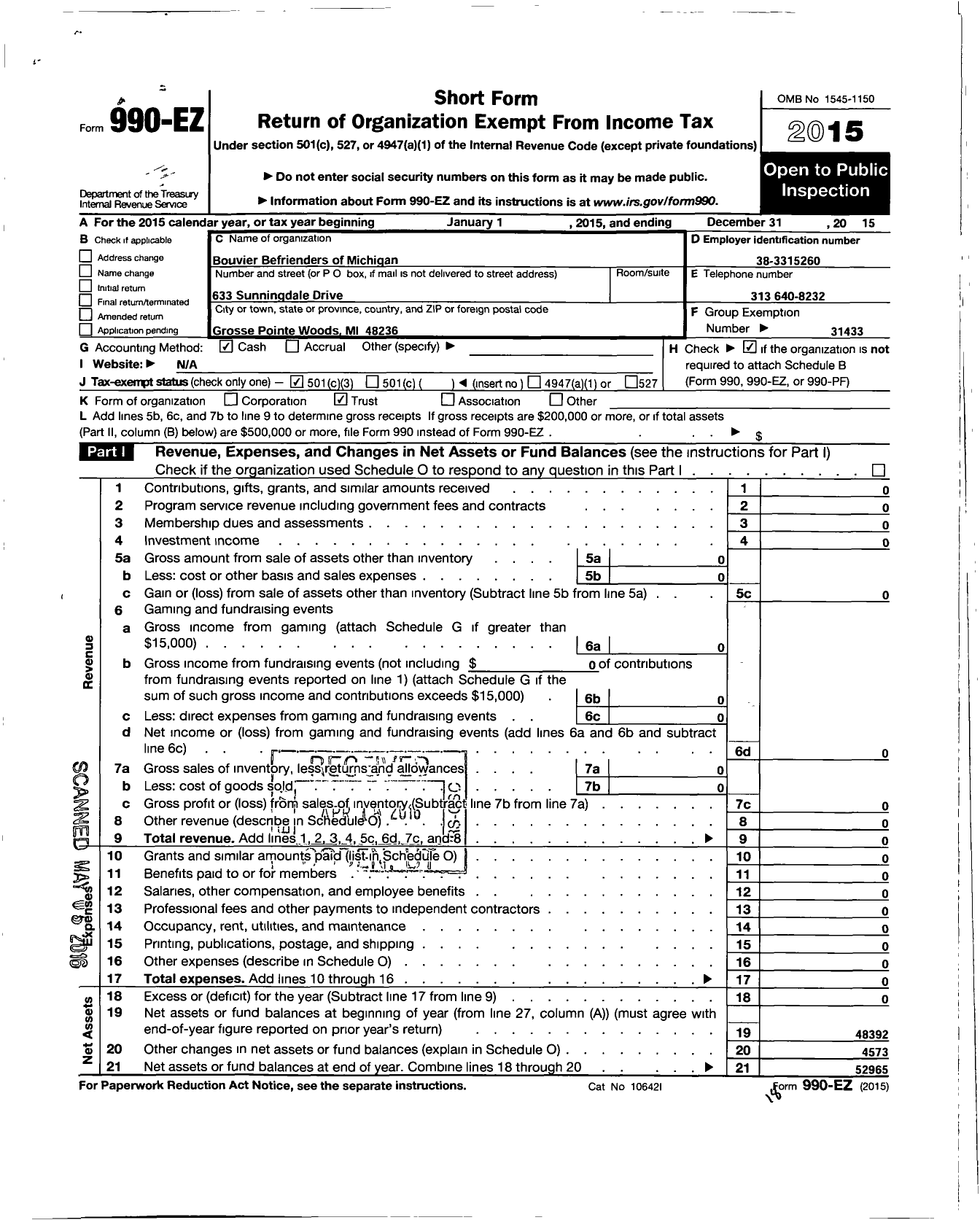 Image of first page of 2015 Form 990EZ for Bouviers Befrienders of Michigan