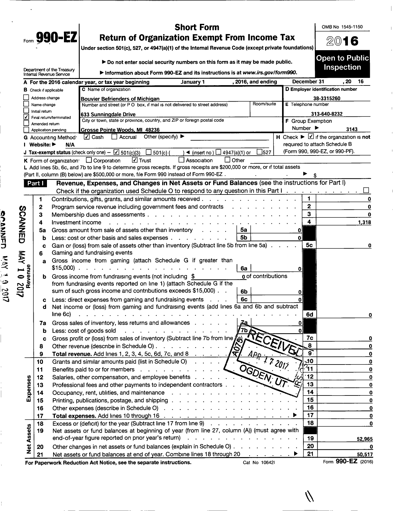 Image of first page of 2016 Form 990EZ for Bouviers Befrienders of Michigan