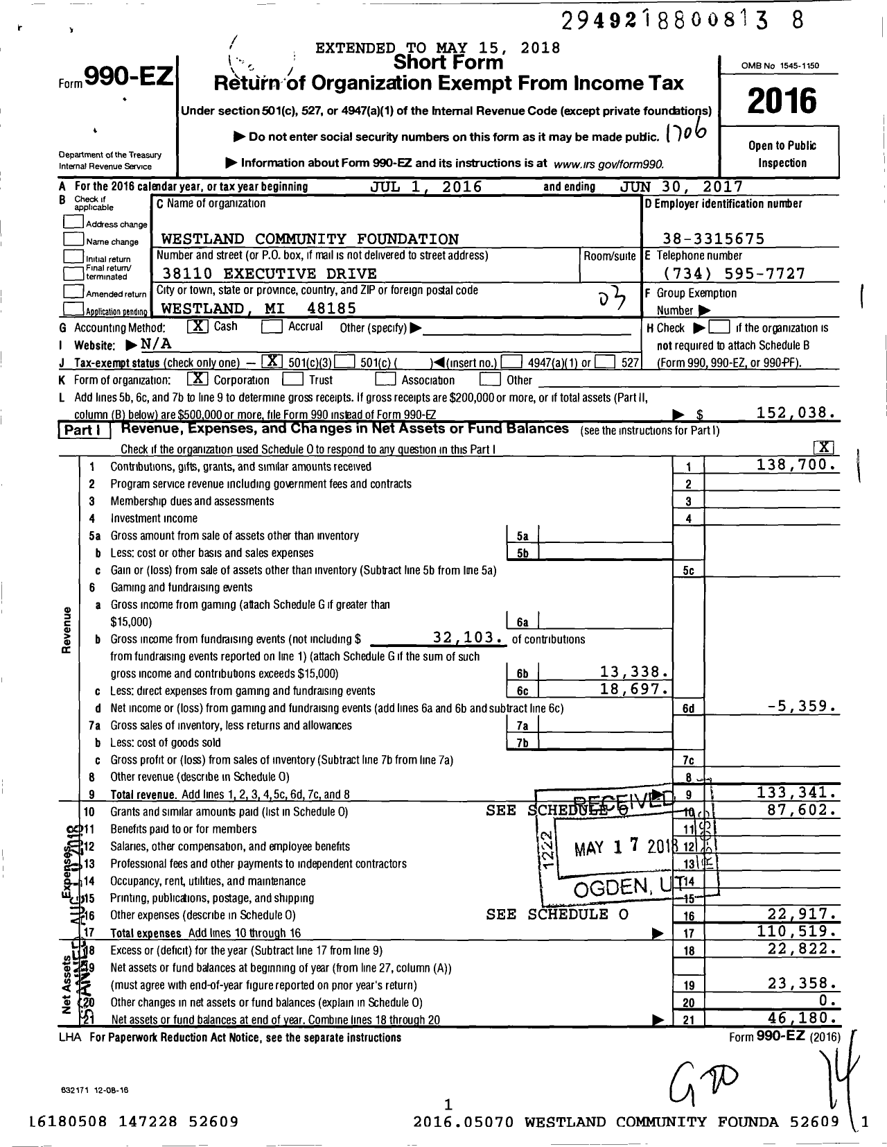 Image of first page of 2016 Form 990EZ for Westland Community Foundation