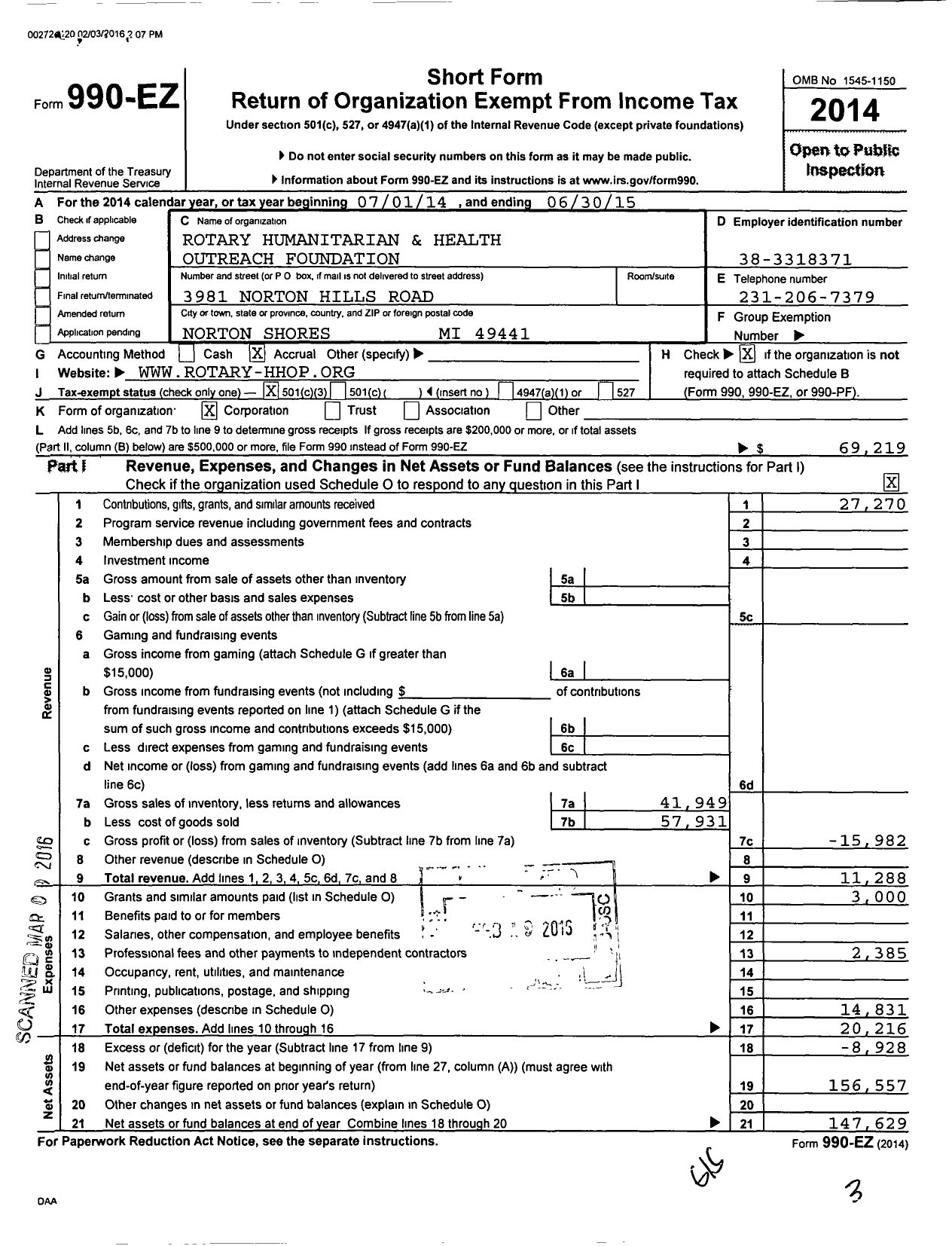 Image of first page of 2014 Form 990EZ for Rotary Humanitarian and Health Outreach Foundation