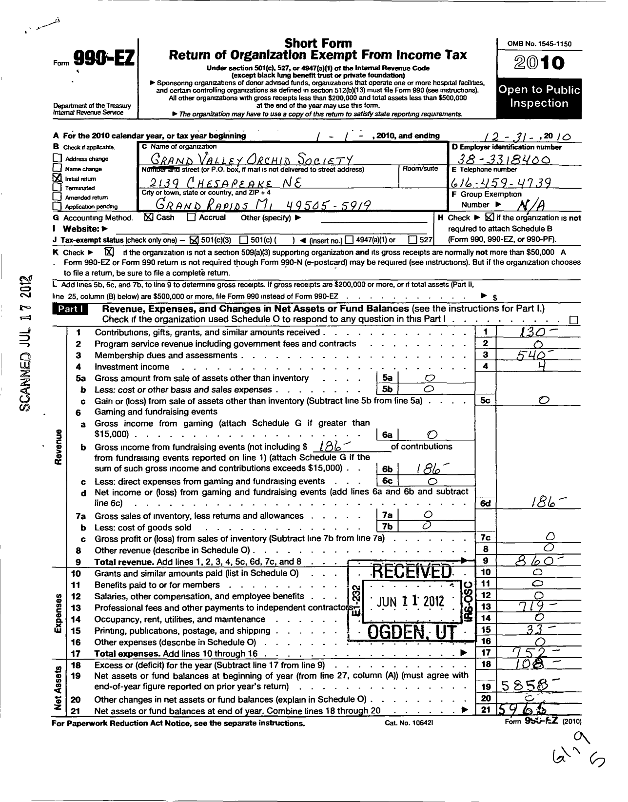 Image of first page of 2010 Form 990EZ for Grand Valley Orchid Society