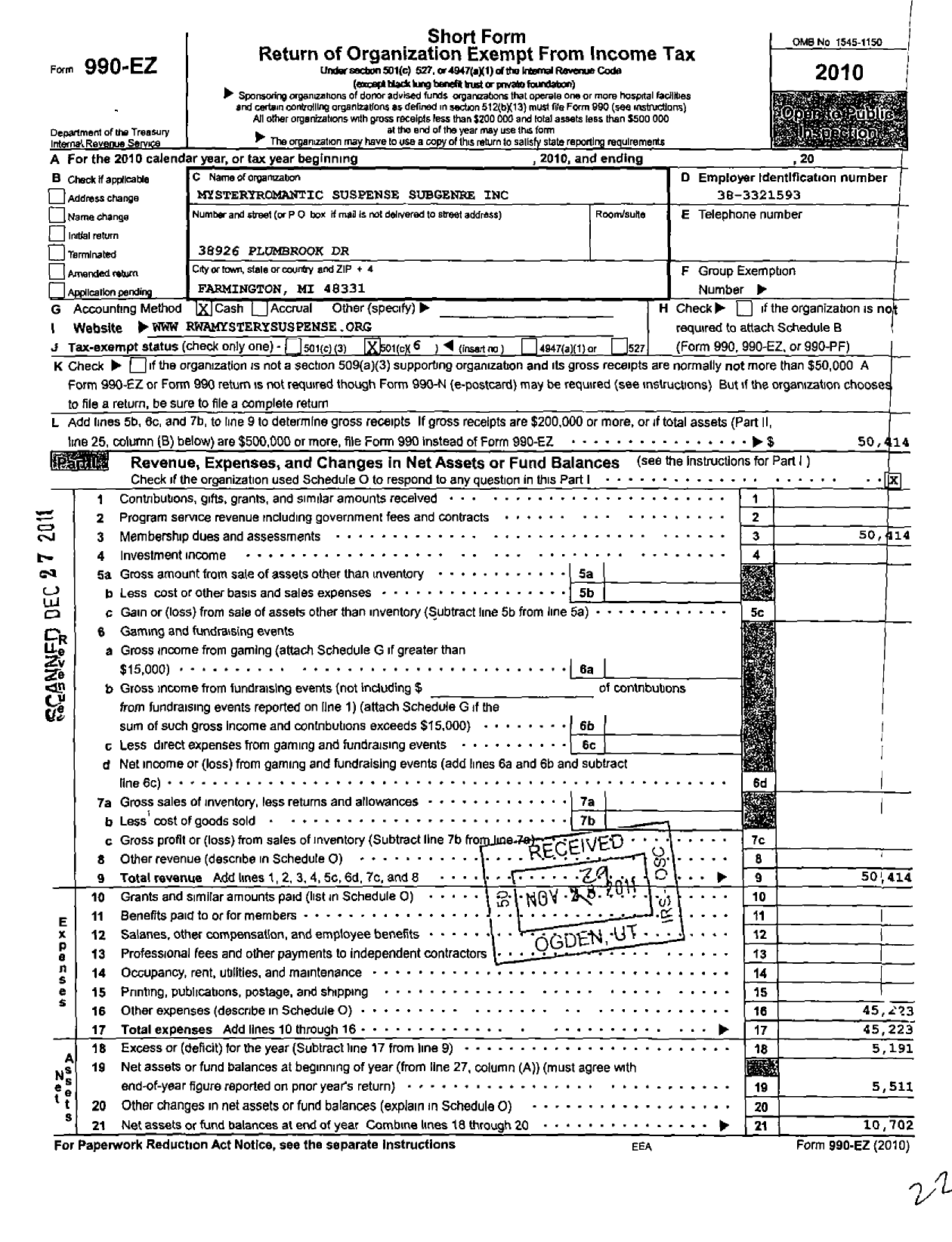 Image of first page of 2010 Form 990EO for Romance Writers of America Incorporated / Kiss of Death